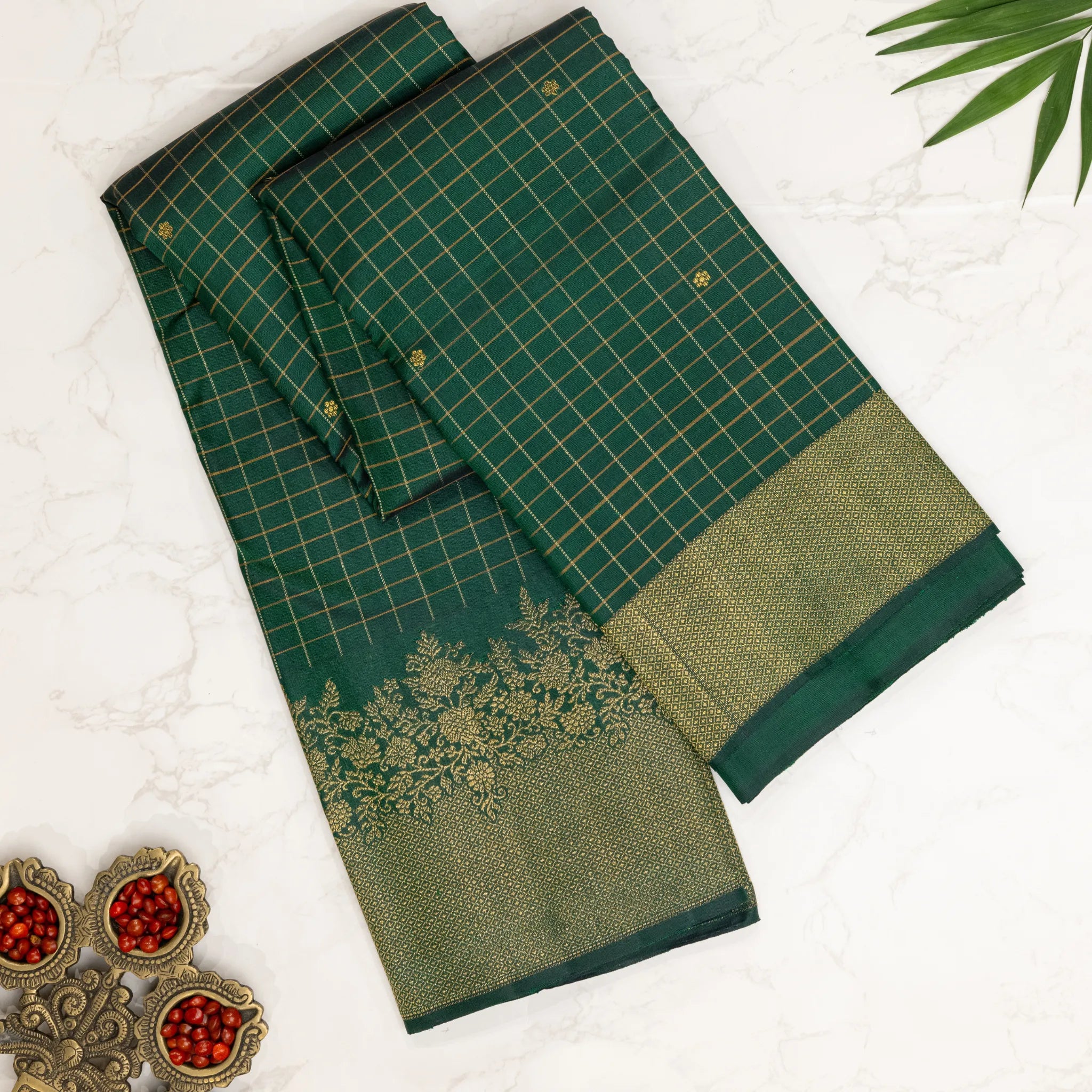 Emerald Green Cotton Silk Saree – Gold Windowpane Checks with Floral Zari Border