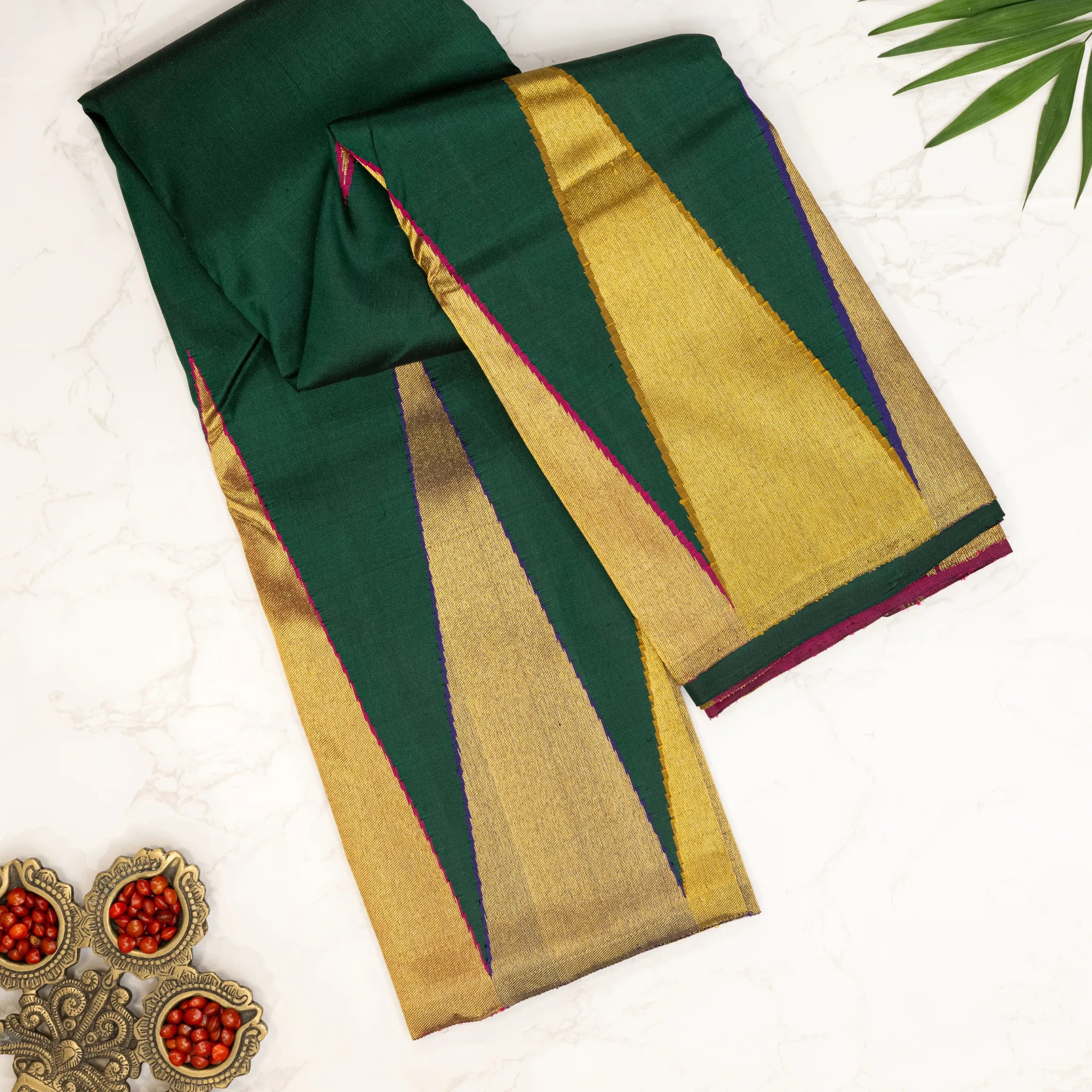 Emerald Green Kanchipuram Silk Saree – Broad Gold Zari Border with Contrast Magenta Accents