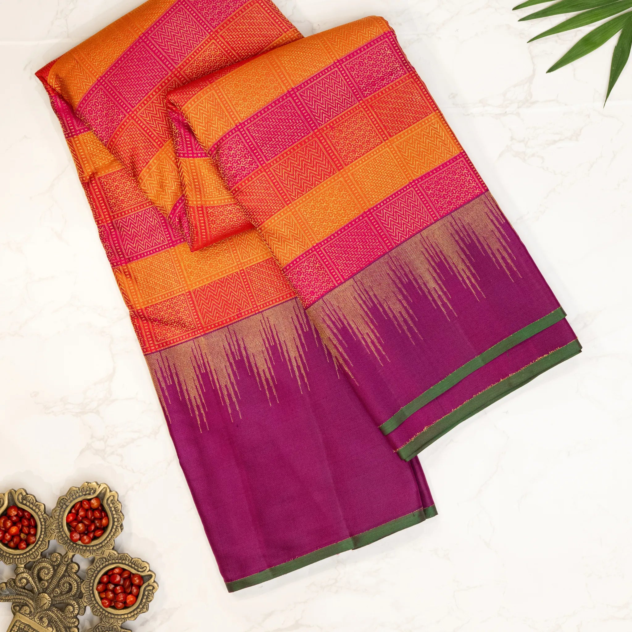 Orange Cotton Silk Saree – Pink Geometric Woven Checks with Purple Contrast Border