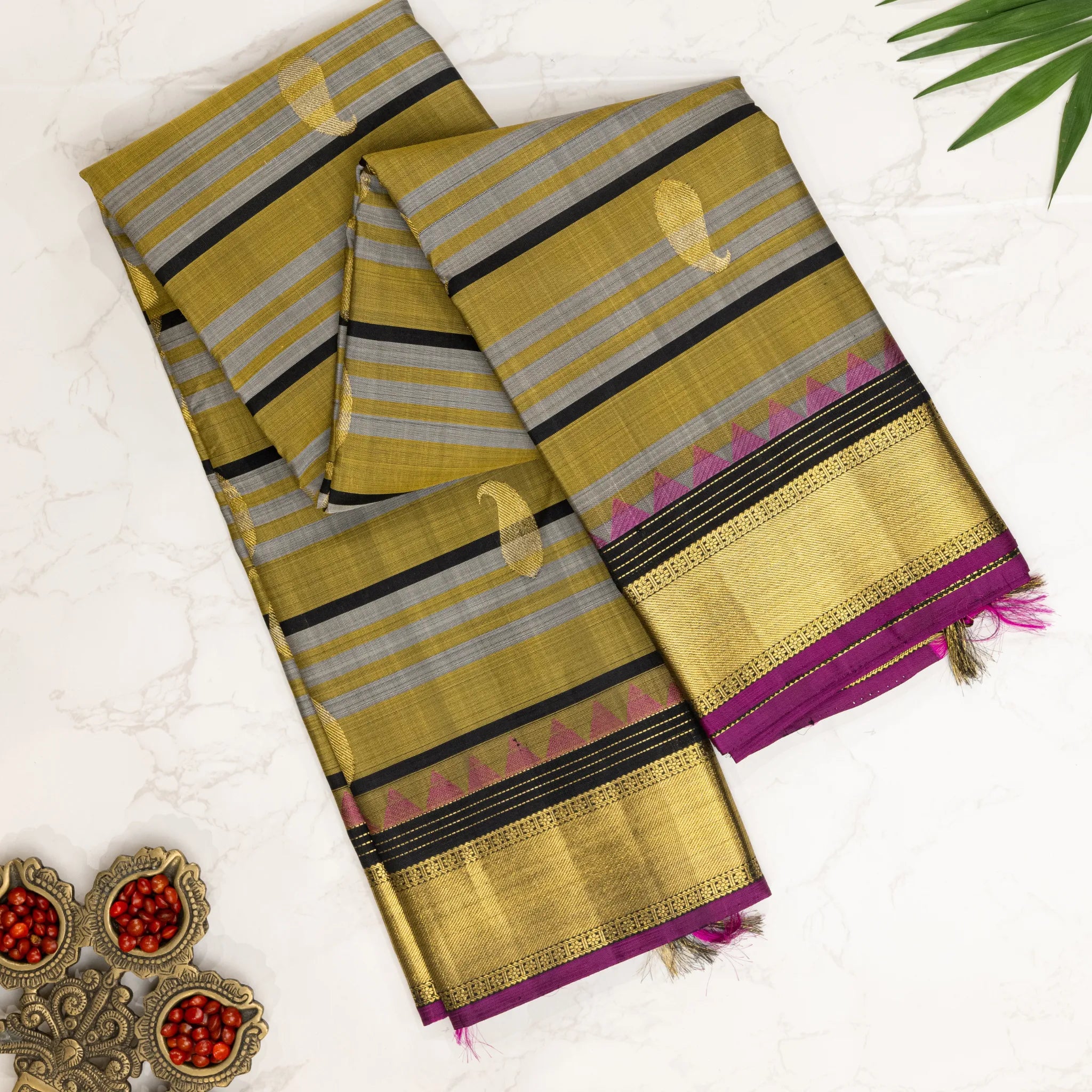 Olive Green Kanchipuram Silk Saree – Striped Weave with Gold Zari Border & Magenta Accents