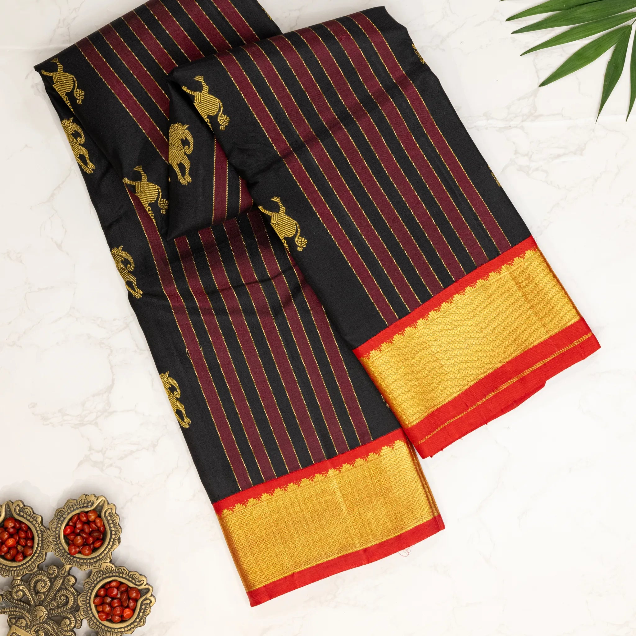Black Kanchipuram Silk Saree – Maroon Stripes with Gold Zari Border