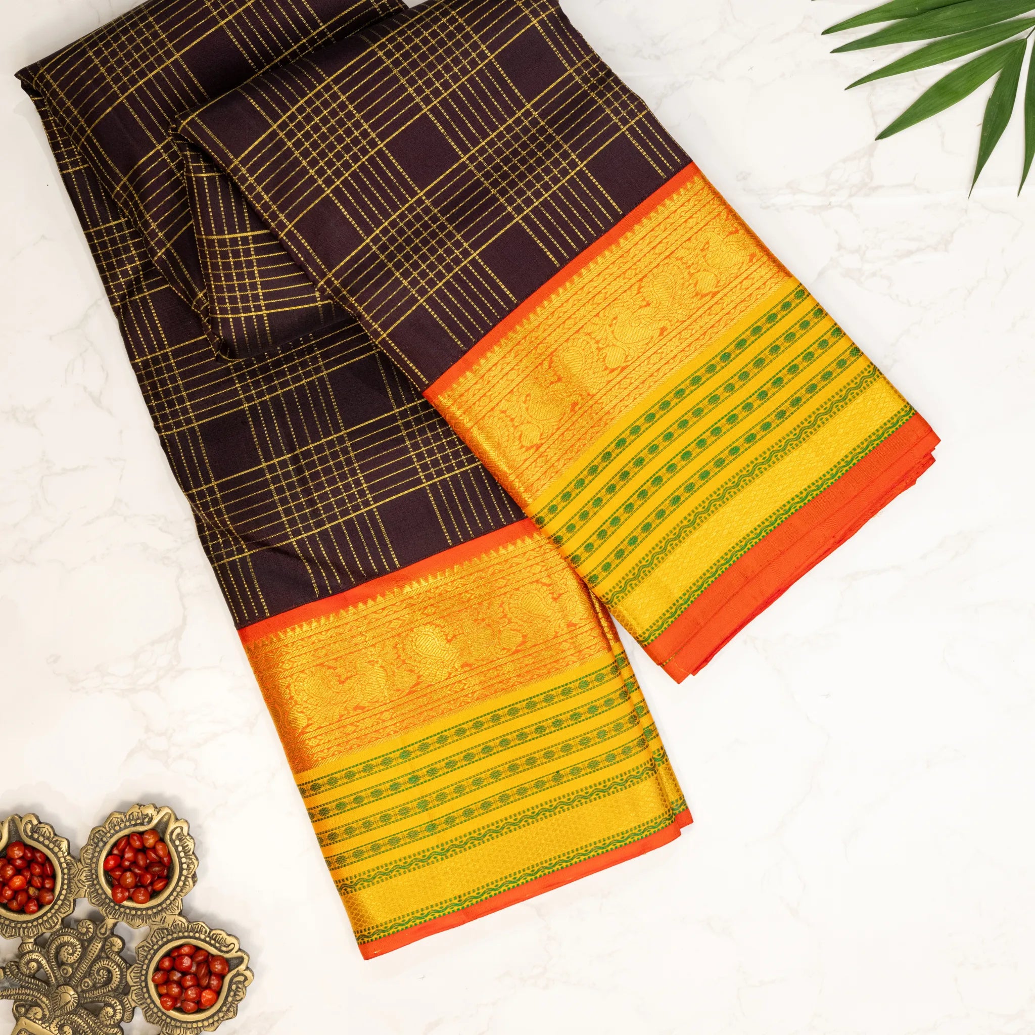 Dark Brown Cotton Silk Saree – Gold Checked Weave with Mustard Contrast Border