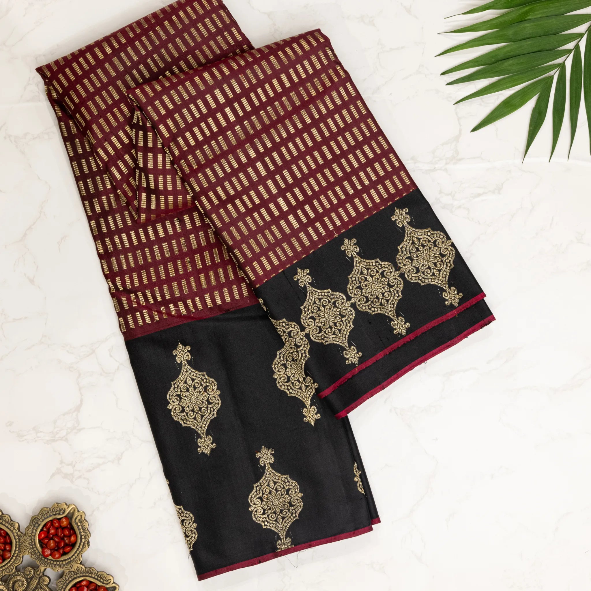 Maroon & Black Kanchipuram Silk Saree – Gold Dash Checks with Ornate Zari Border
