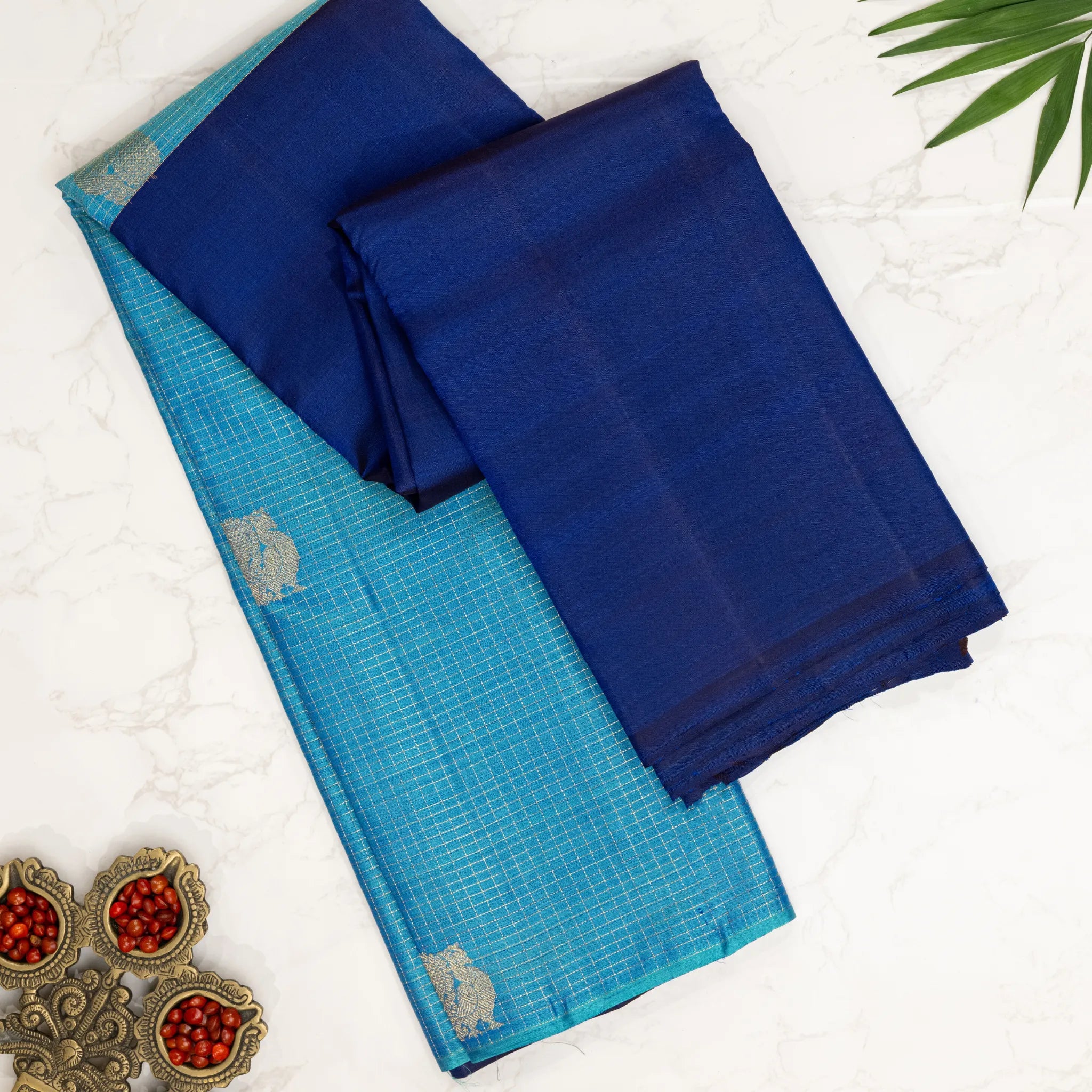 Royal Blue Cotton Silk Saree – Sky Blue Checked Weave with Silver Zari Border