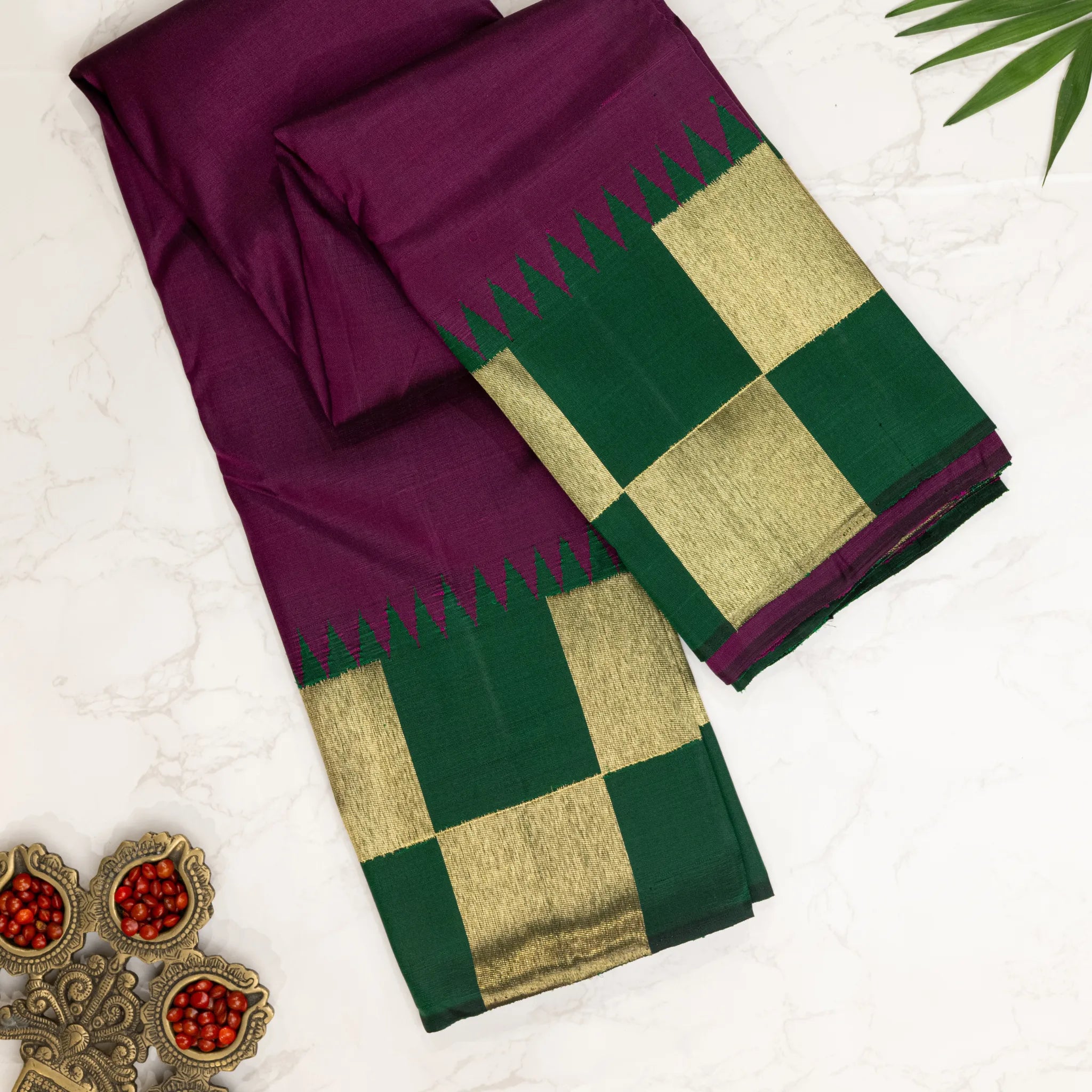 Plum Purple Kanchipuram Silk Saree – Emerald Green Checked Zari Border
