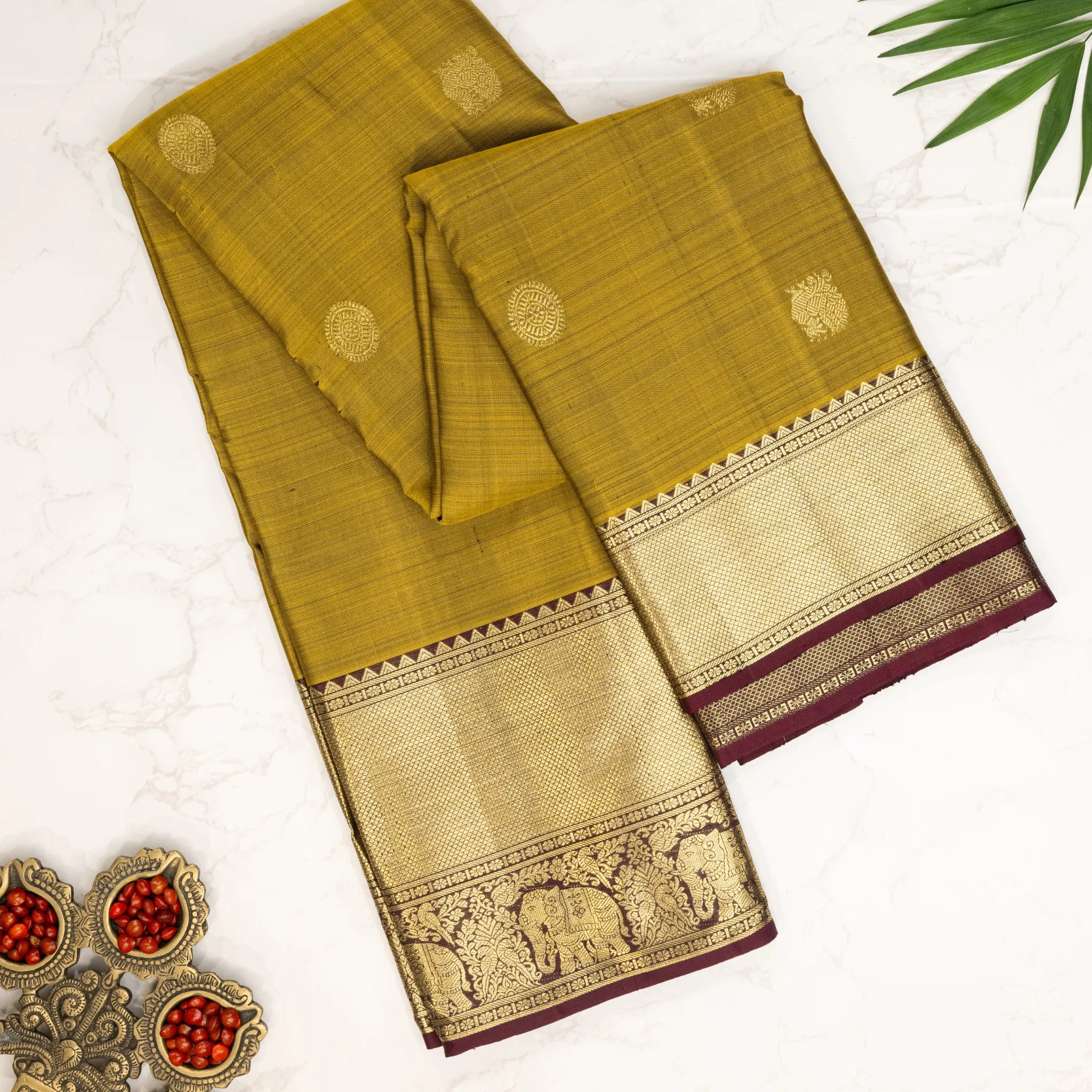 Mustard Gold Kanchipuram Silk Saree – Elephant Zari Border with Antique Gold Weave