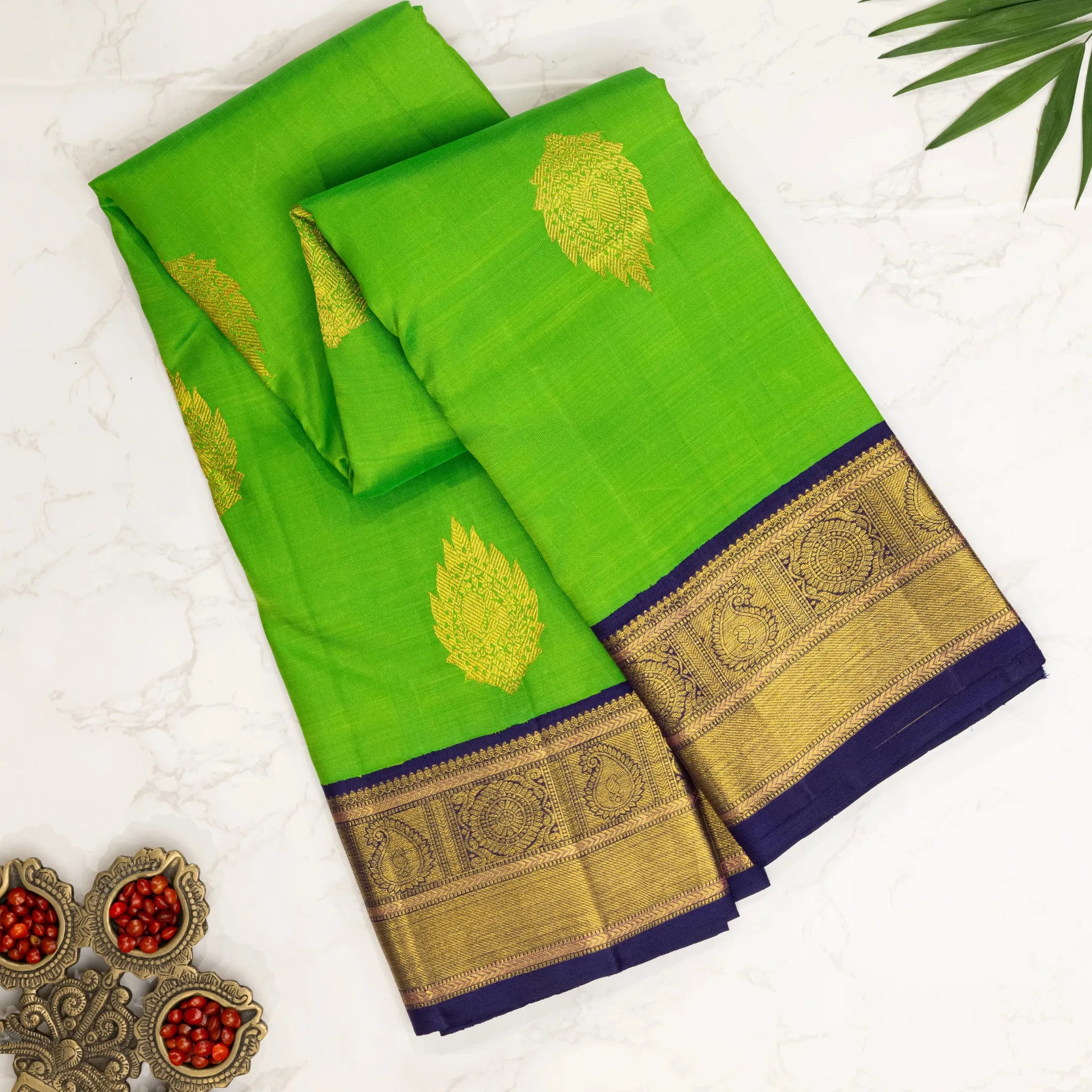 Parrot Green Cotton Silk Saree – Gold Peacock Buttas with Navy Blue Contrast Border