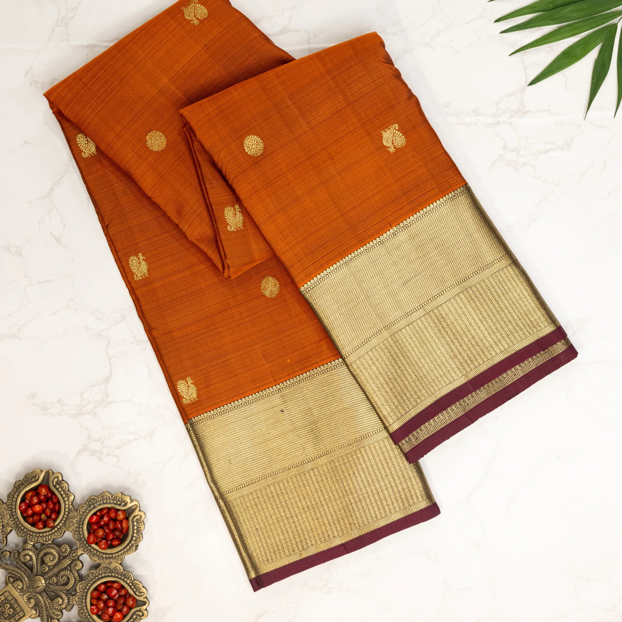 Burnt Orange Kanchipuram Silk Saree – Gold Buttas with Traditional Zari Border