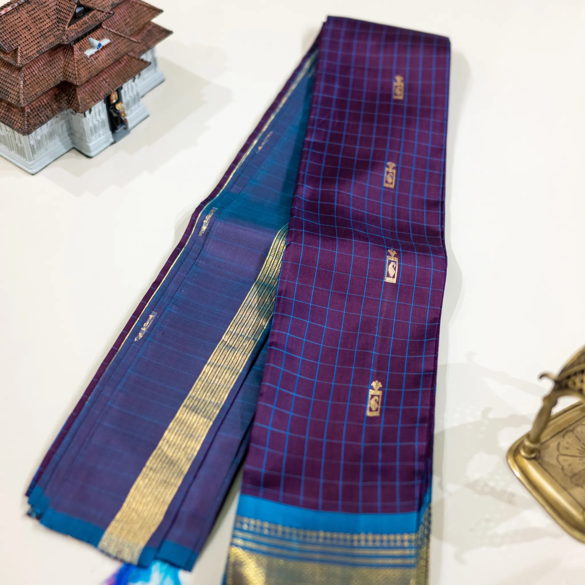 Purple and Blue Checked Zari Silk Saree
