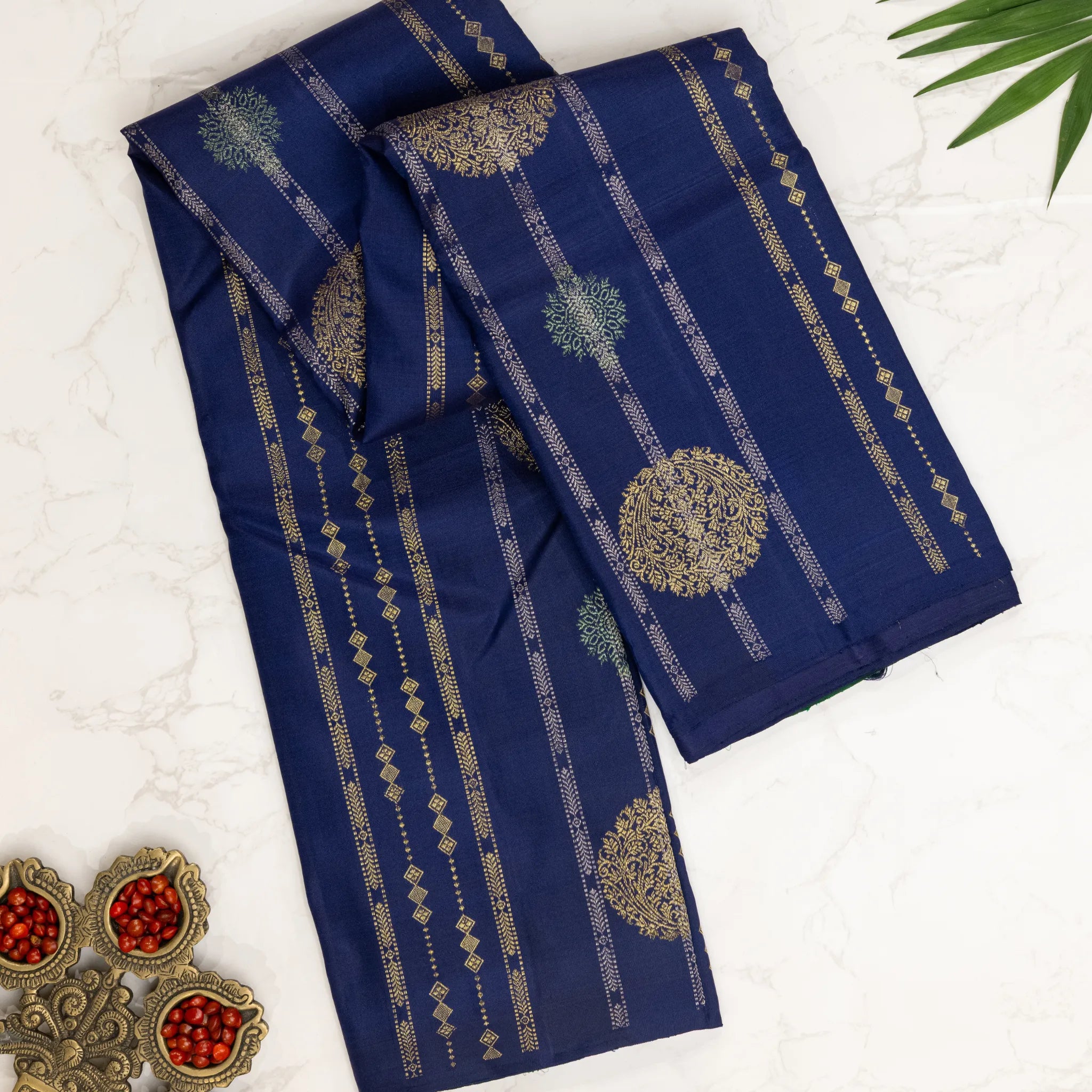 Navy Blue Cotton Silk Saree – Gold Floral Buttas with Woven Stripe Design
