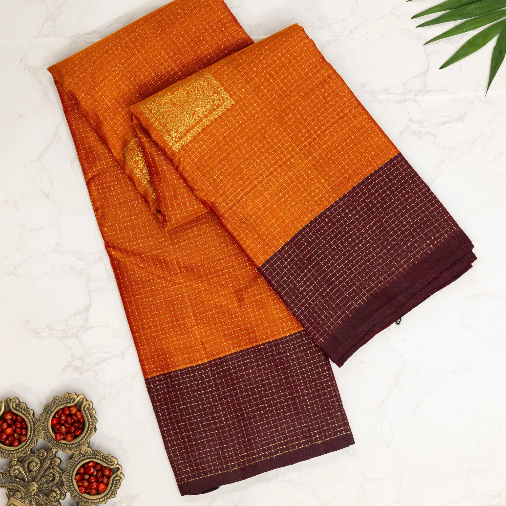 Burnt Orange Cotton Silk Saree – Gold Checked Weave with Maroon Contrast Border