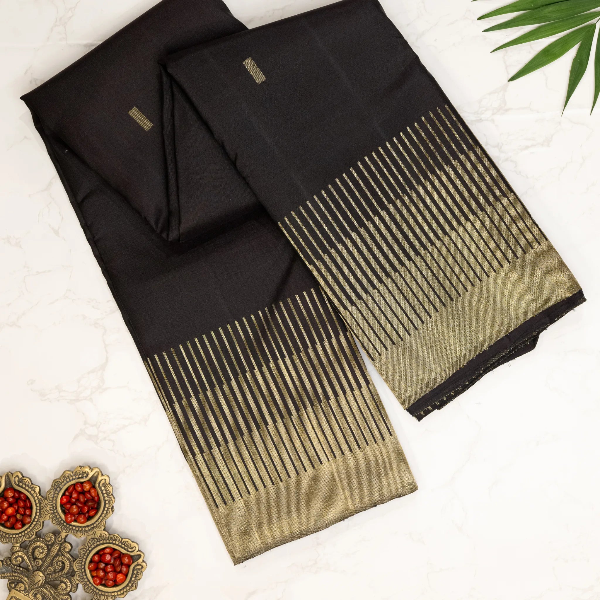 Black Kanchipuram Silk Saree – Contemporary Gold Line Border with Minimal Zari Buttas