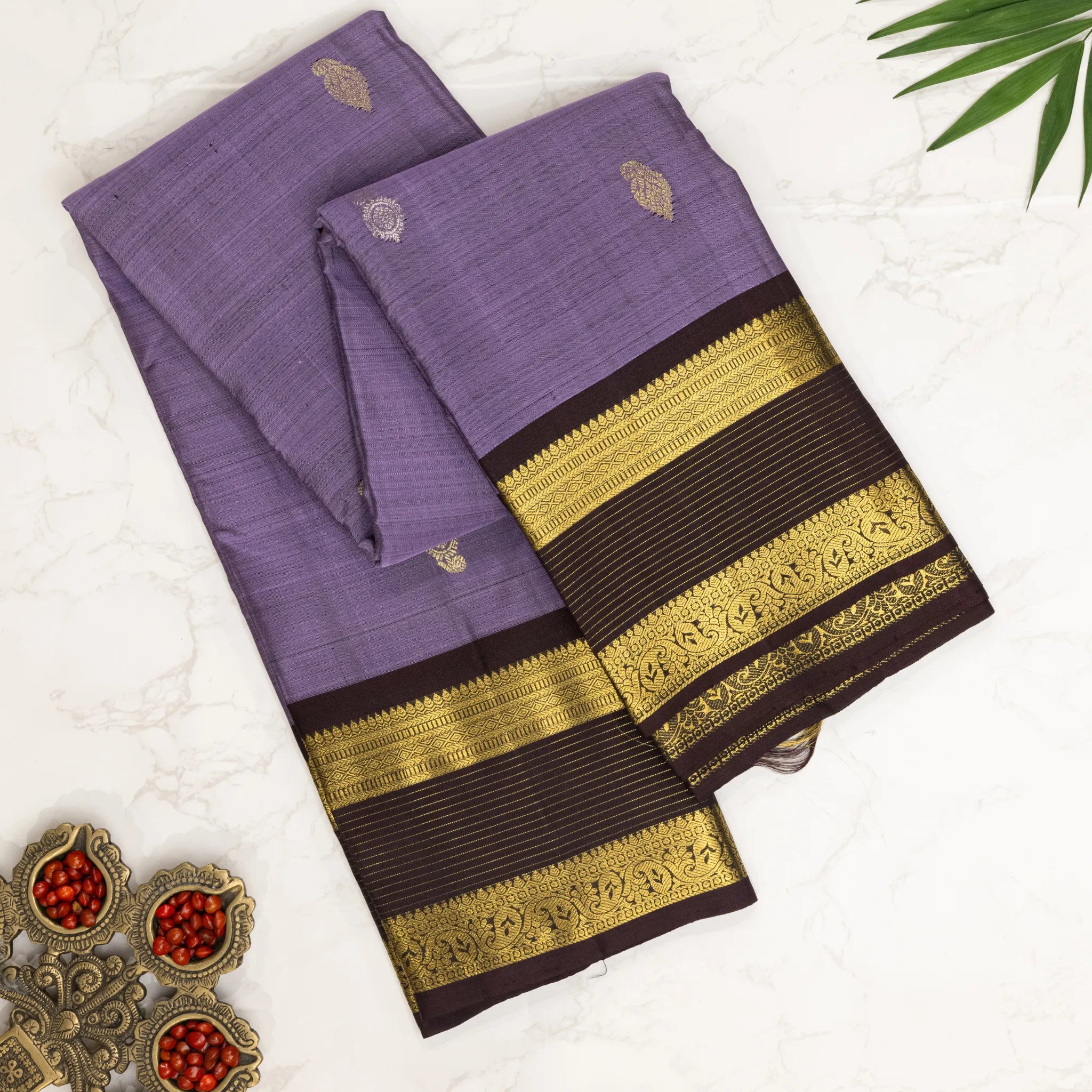 Lavender Kanchipuram Silk Saree – Gold Buttas with Coffee Brown Zari Border