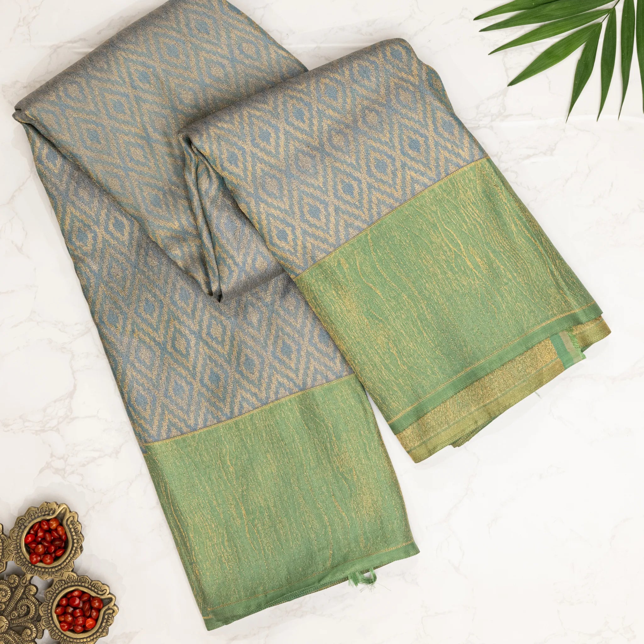 Soft Silk Saree – Steel Grey with Mint Green Zari Border & Diamond Jacquard Weave