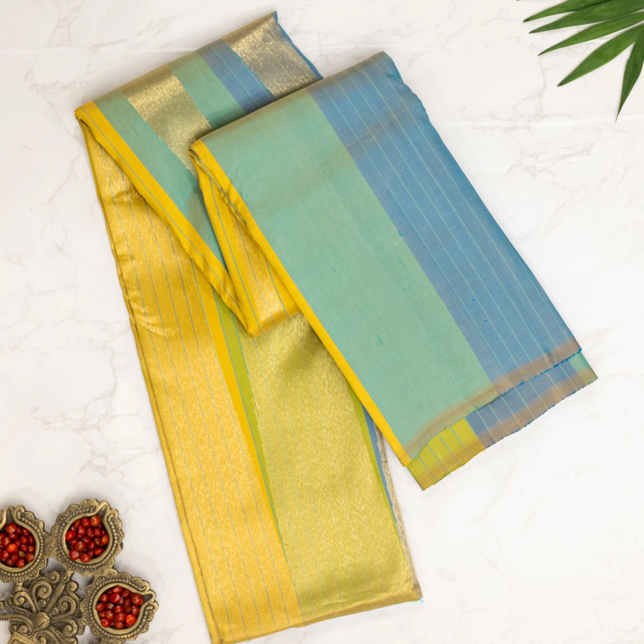 Aqua Blue Kanchipuram Silk Saree – Gold Tissue Pallu with Sunshine Yellow Border