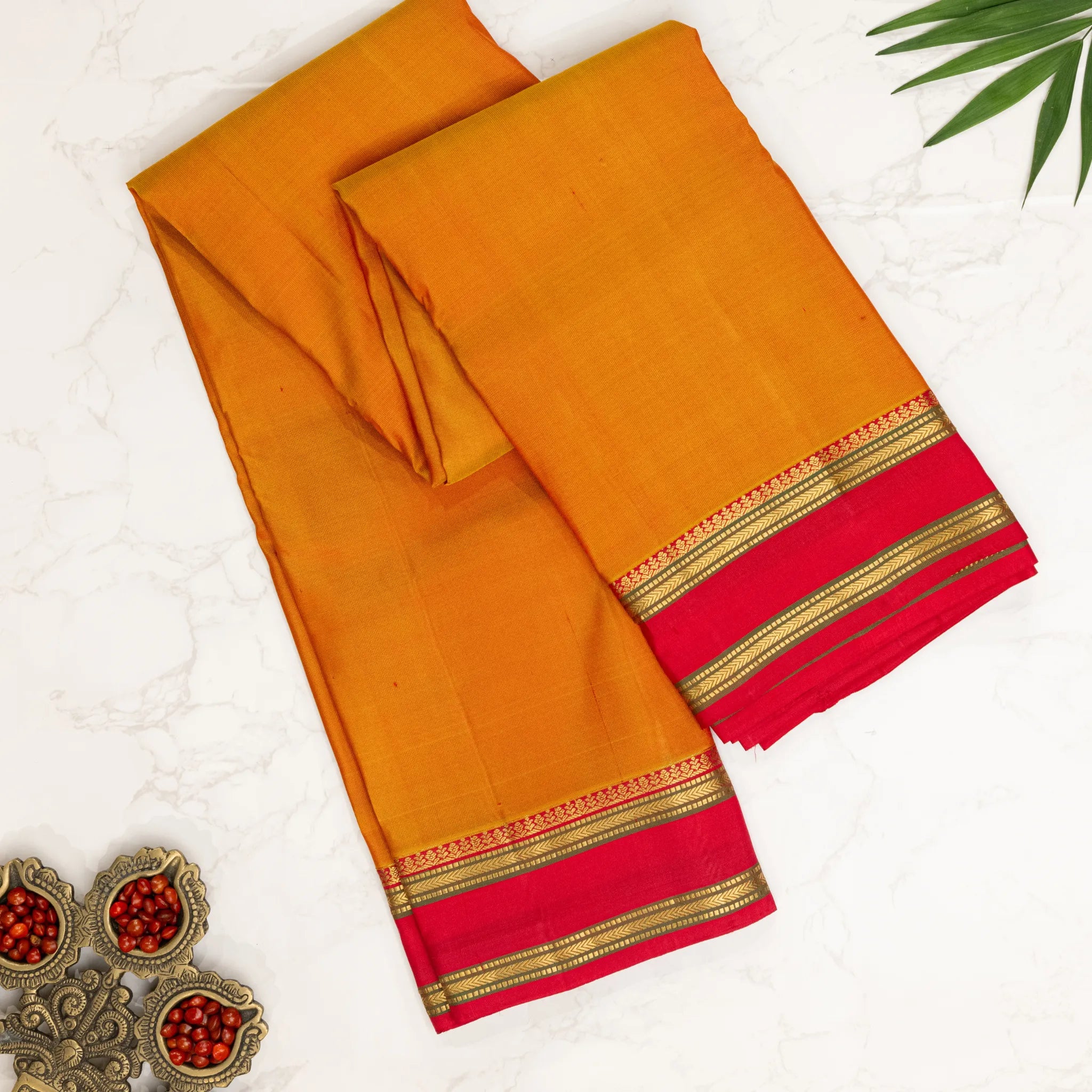 Mustard Orange Kanchipuram Silk Saree – Rani Pink Contrast Border with Classic Zari Stripes