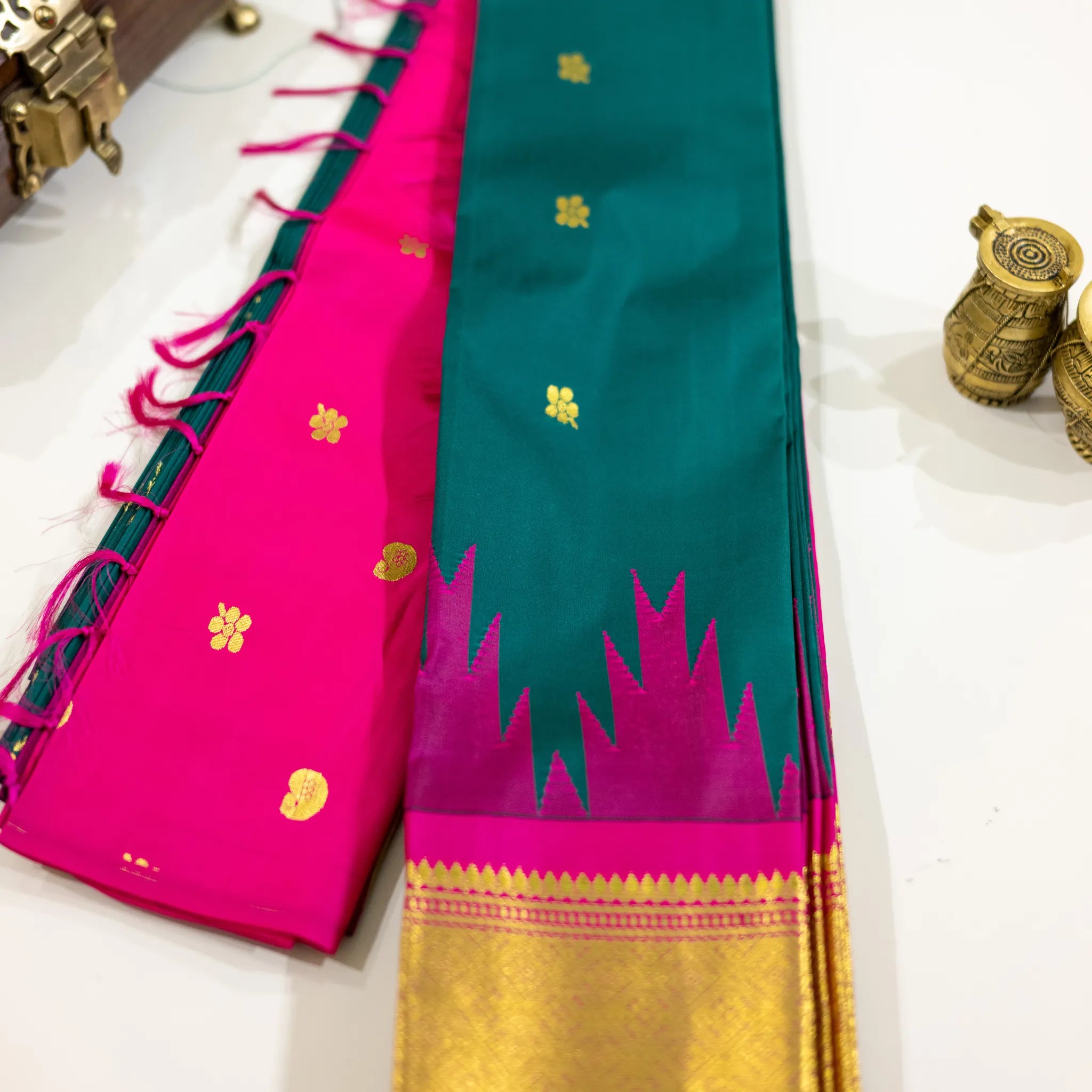 Teal Green & Magenta Gold-Zari Silk Saree