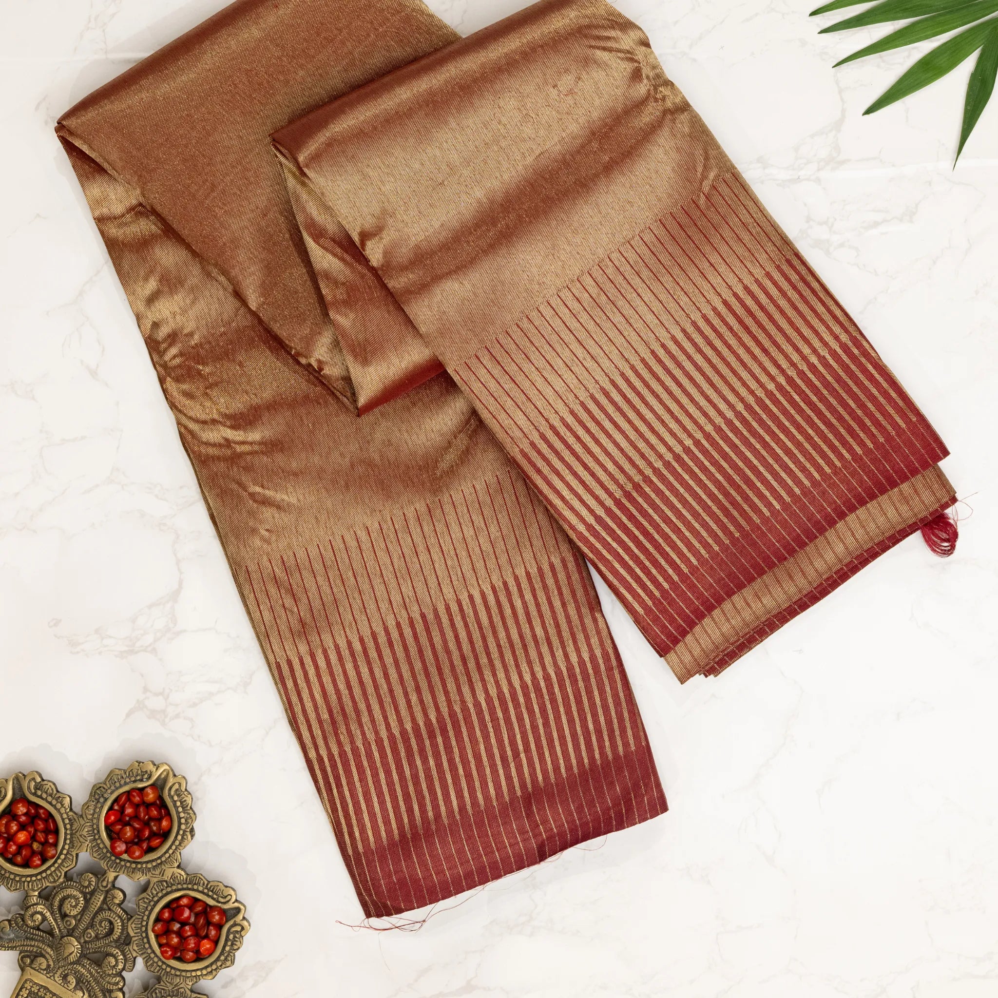 Rose Gold Kanchipuram Silk Saree – Wine Contrast Border with Contemporary Zari Stripes