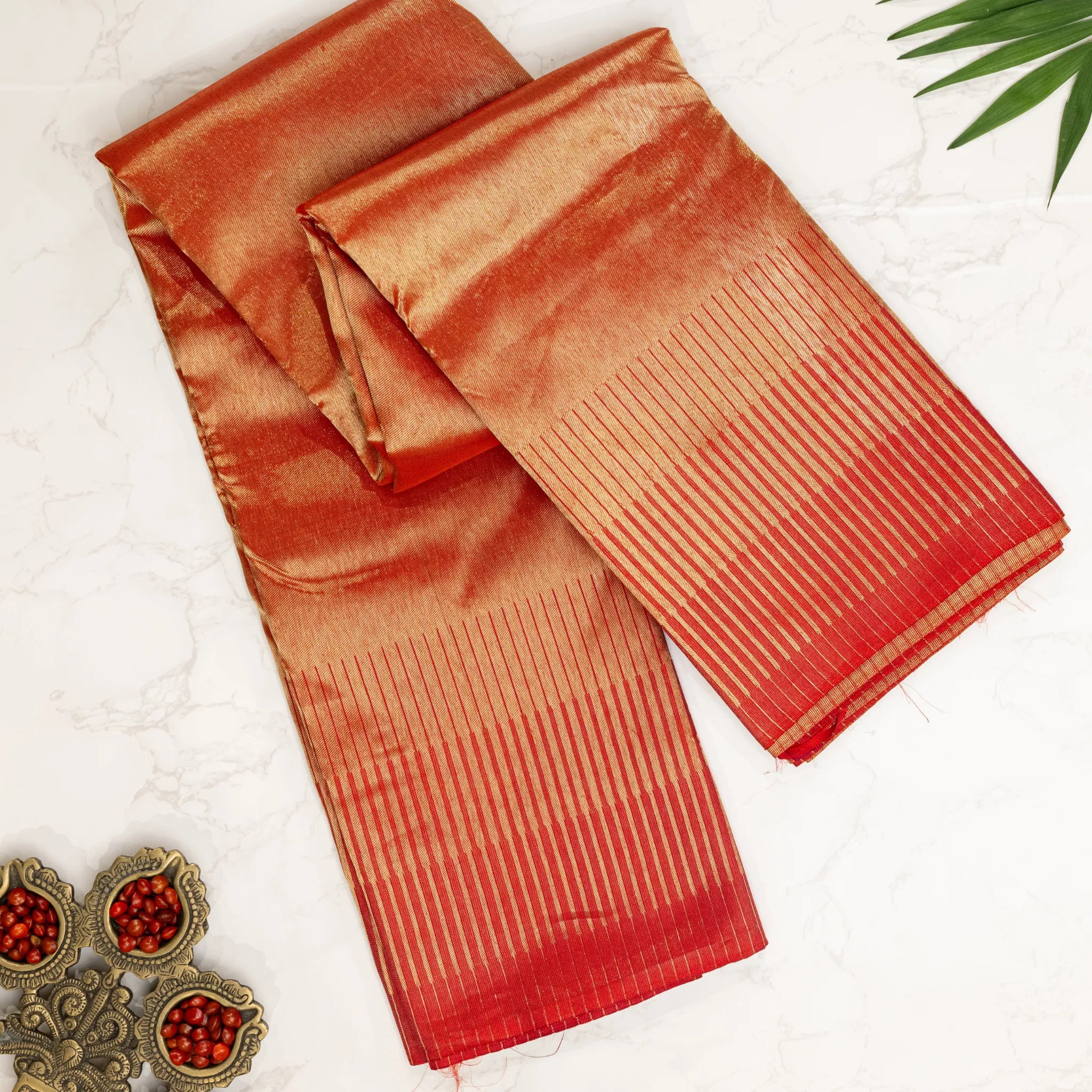 Copper Gold Kanchipuram Silk Saree – Coral Red Contrast Border with Contemporary Zari Stripes