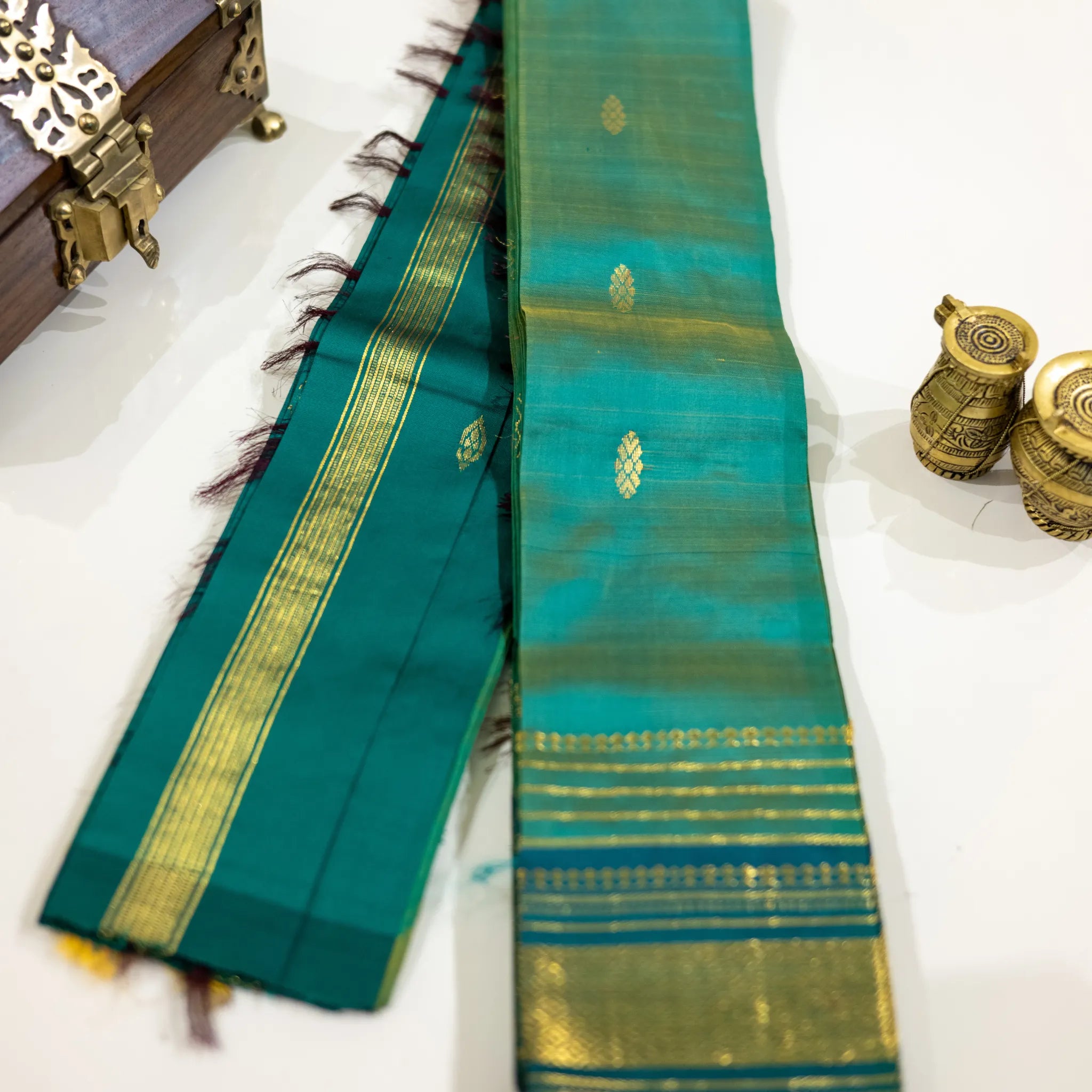 Teal Green & Gold Zari Silk Saree