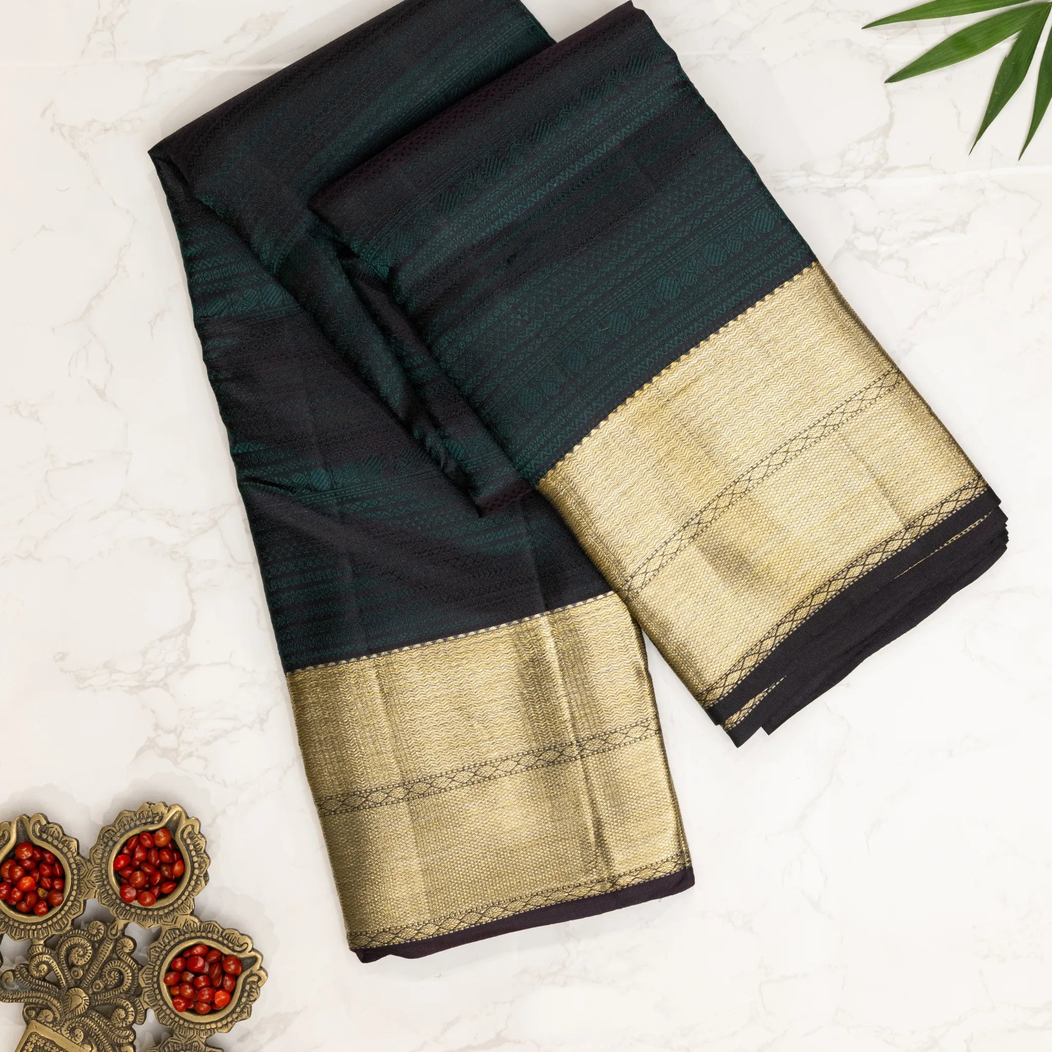 Black Kanchipuram Silk Saree – Self Woven Design with Gold Zari Border