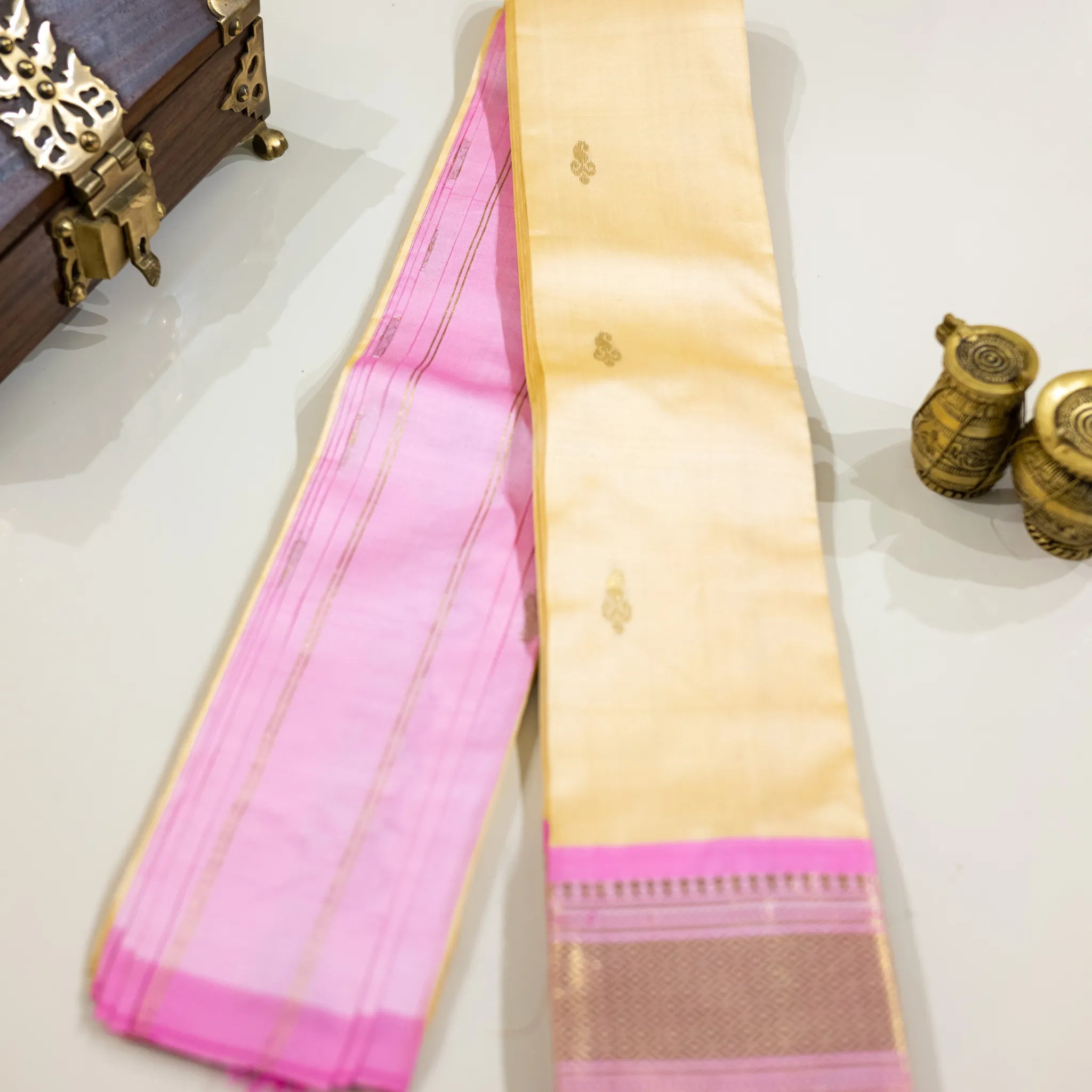 Cream & Pink Gold-Zari Silk Saree