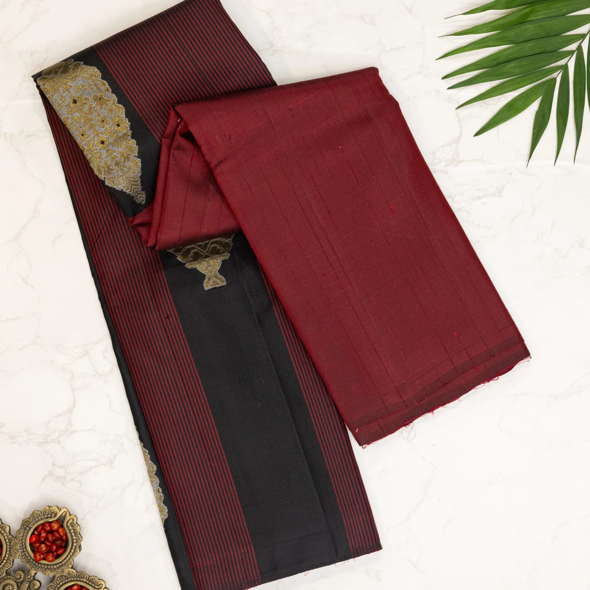 Black Kanchipuram Silk Saree – Maroon Striped Design with Gold Zari Motifs