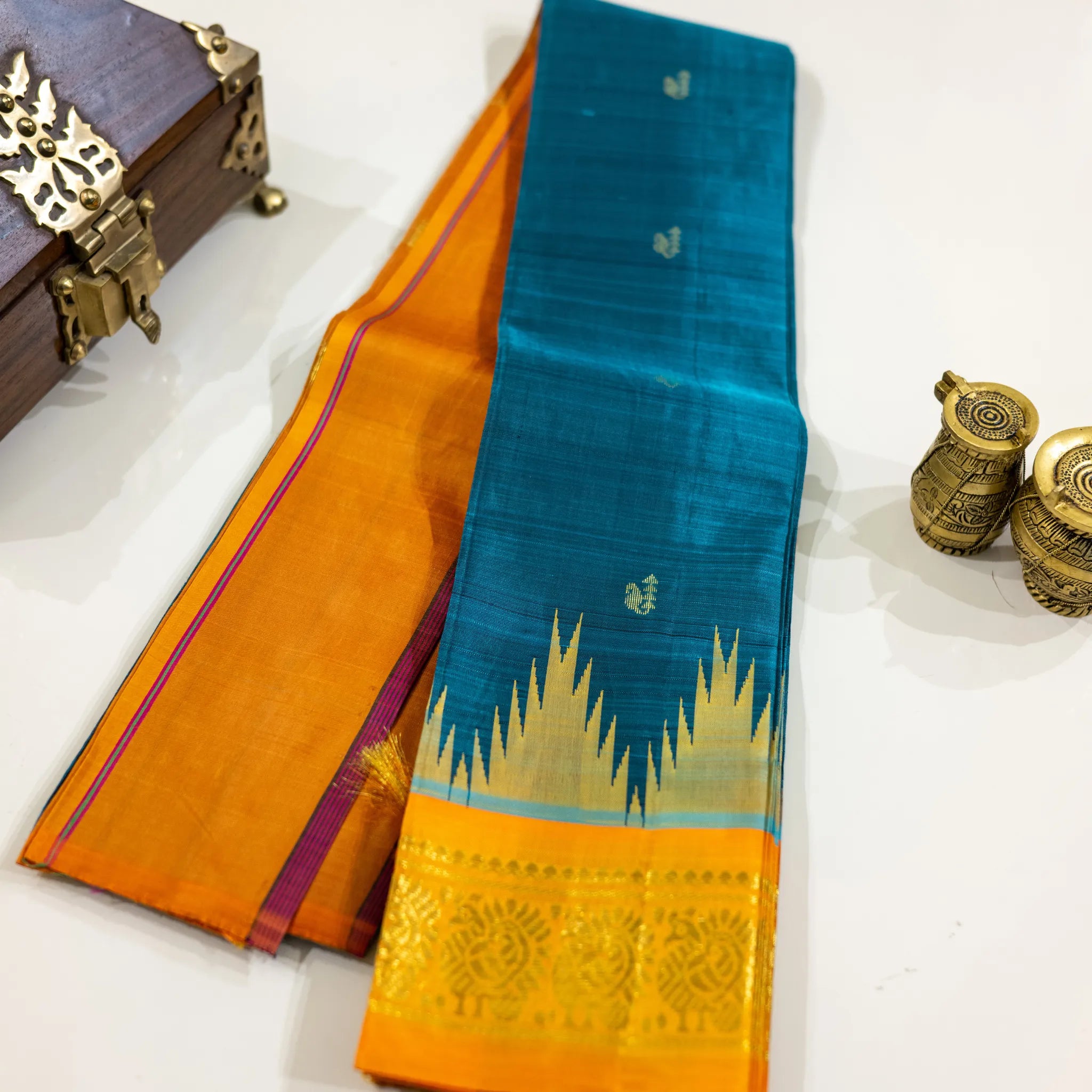 Teal Blue & Orange Gold-Zari Silk Saree