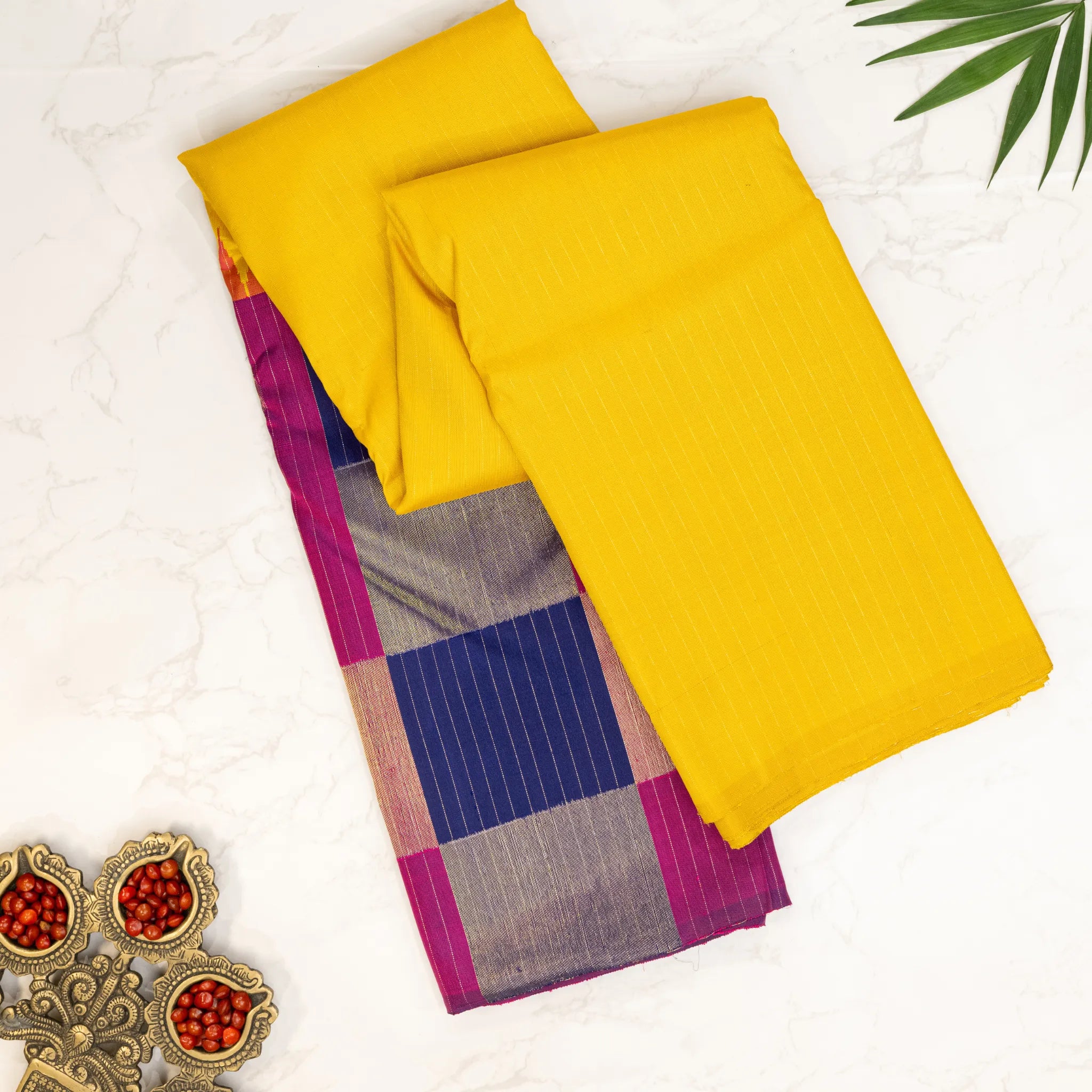 Bright Yellow Kanchipuram Silk Saree – Silver Checked Pallu with Magenta Contrast Border