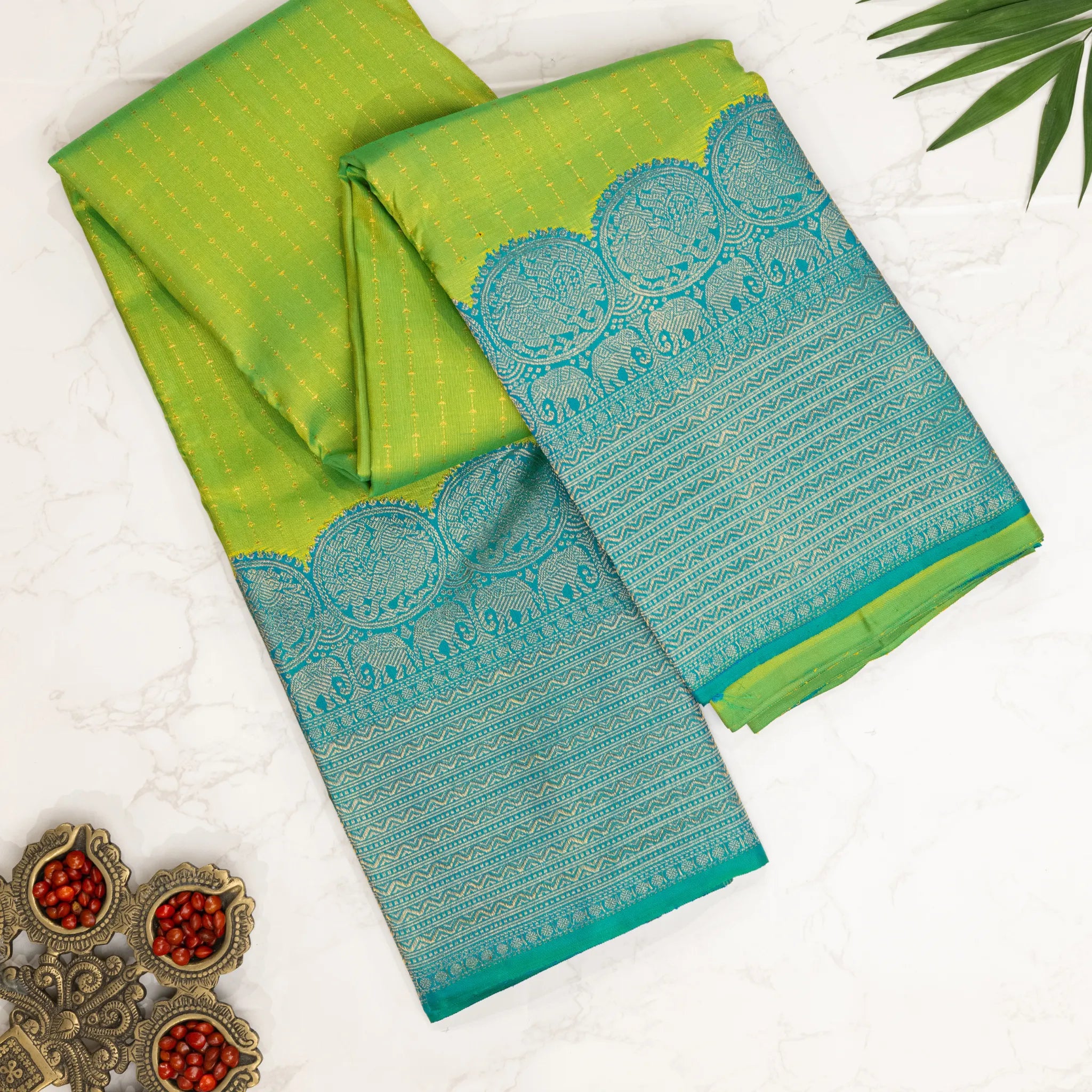 Lime Green Kanchipuram Silk Saree – Gold Woven Lines with Turquoise Zari Border