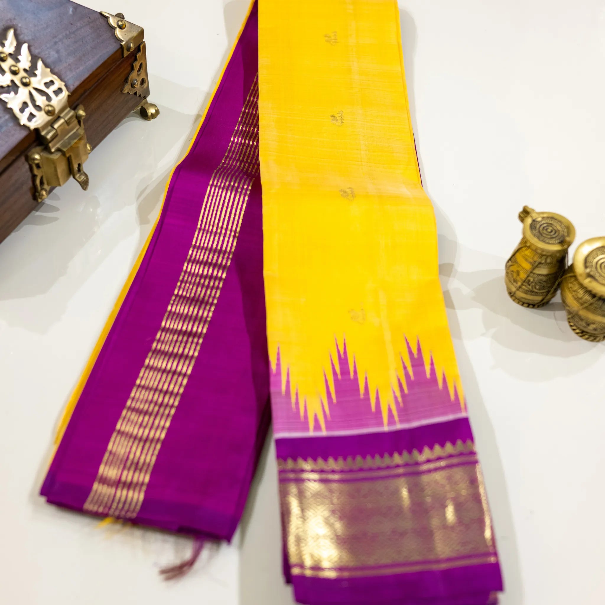 Yellow & Purple Gold-Zari Silk Saree