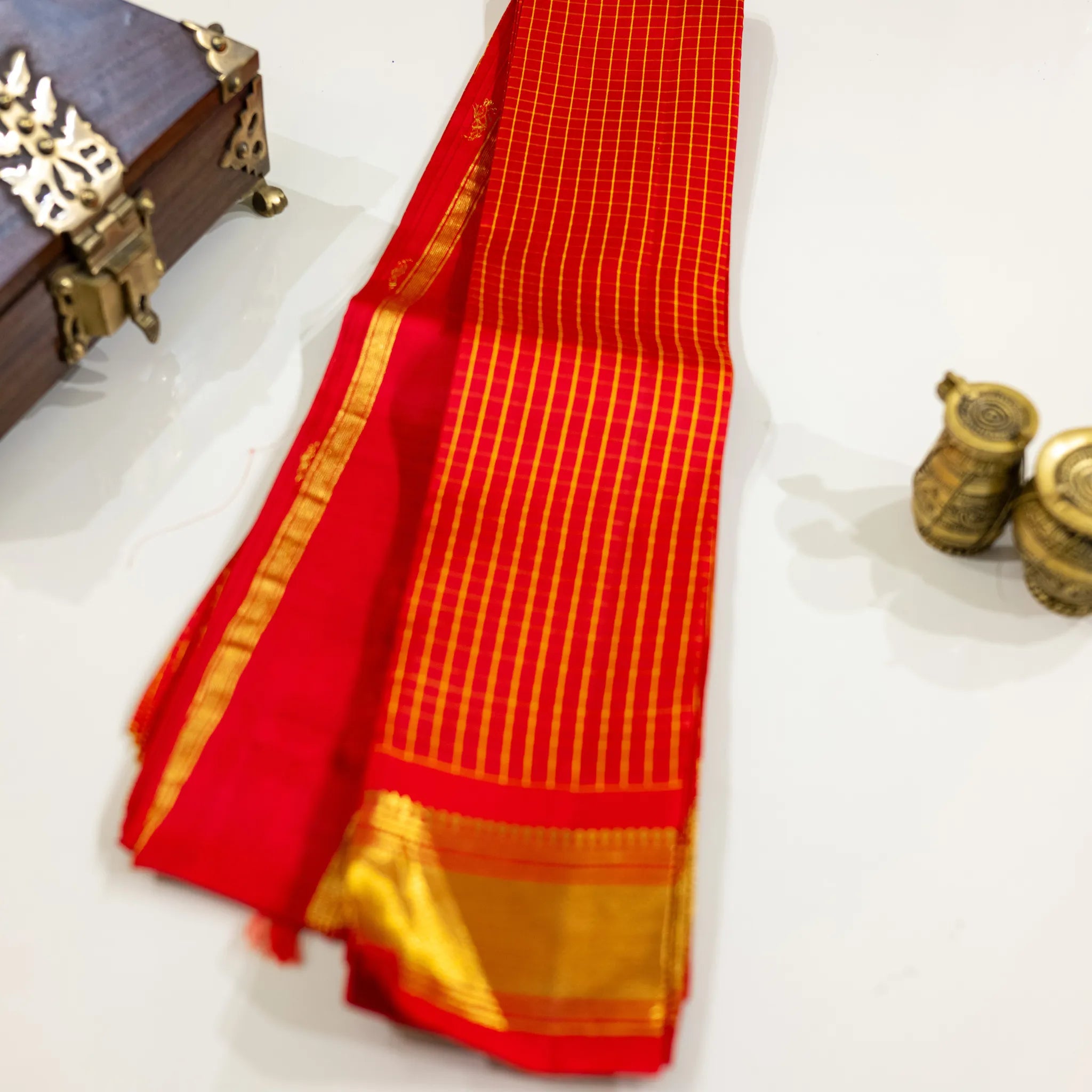 Red & Gold Checked Silk Saree
