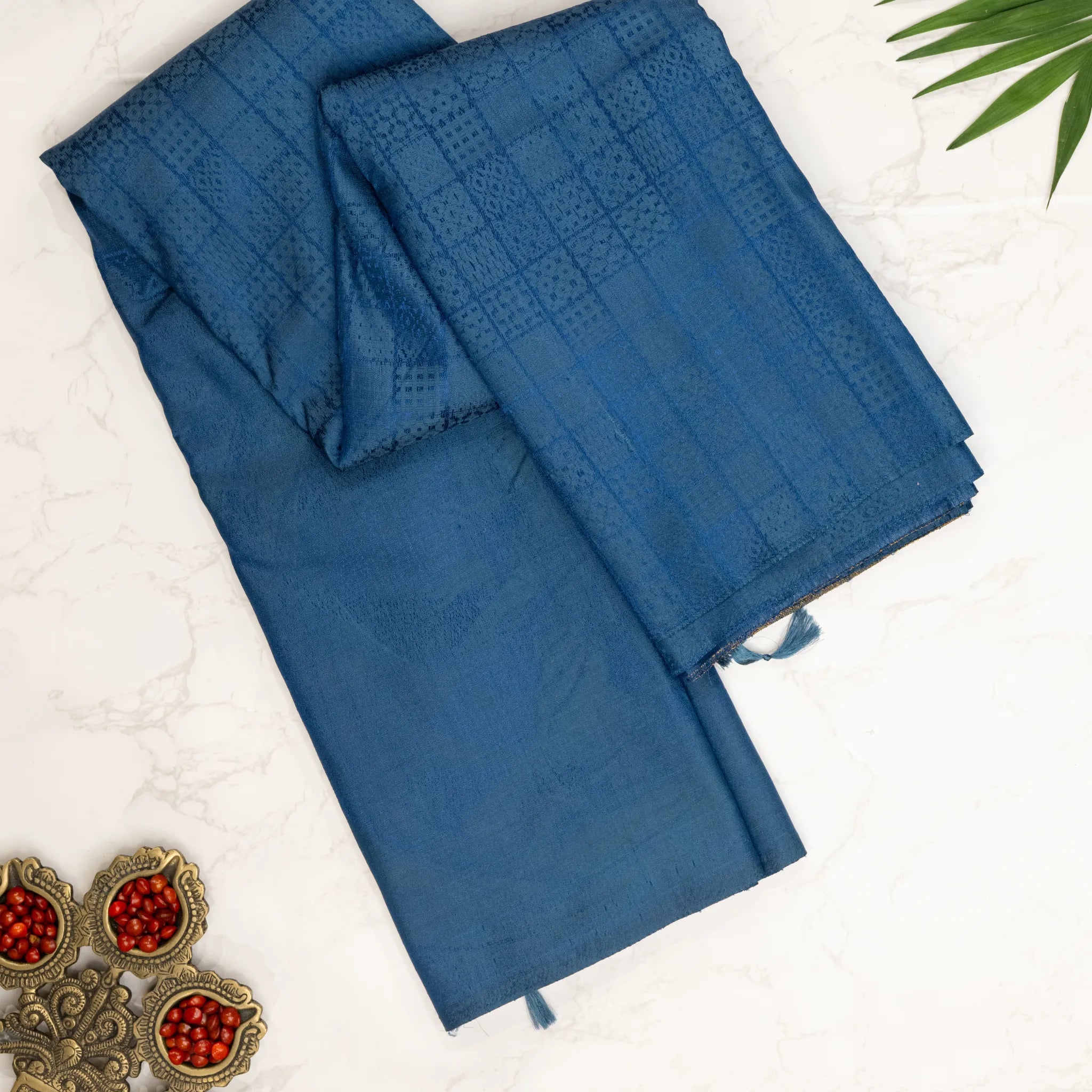 Soft Silk Saree – Navy Blue Self Jacquard Checks with Textured Woven Pallu