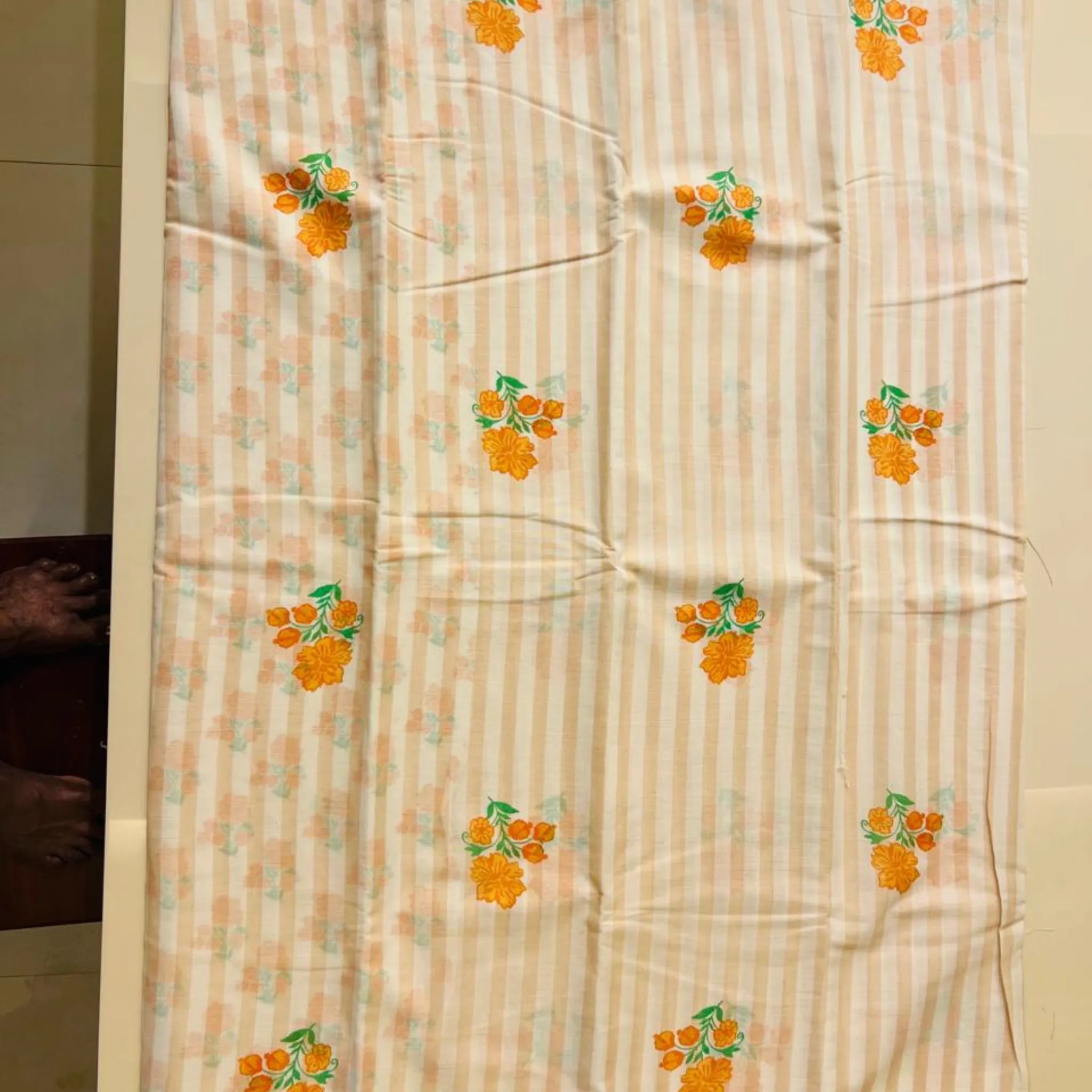 Orange Stripe Floral Pure Cotton Kasavu