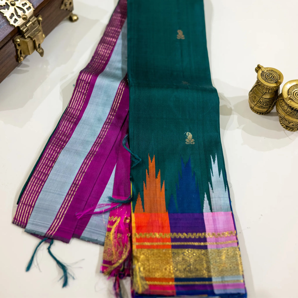 Teal Green & Multicolour Gold-Zari Silk Saree