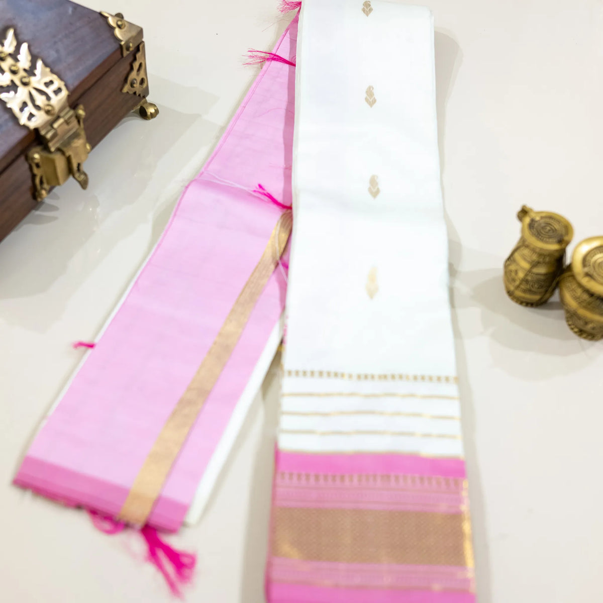White & Pink Gold-Zari Silk Saree