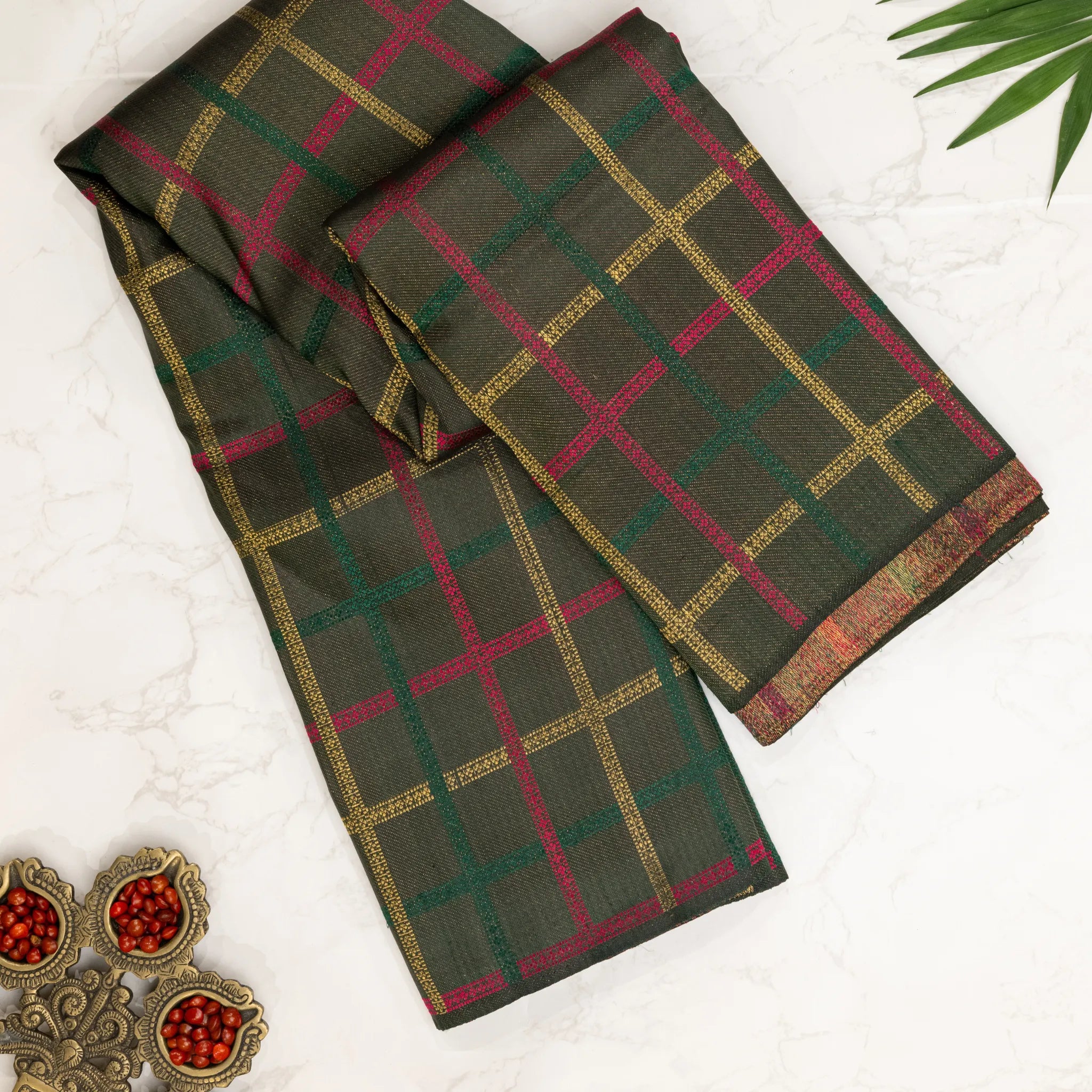 Checked Silk Saree – Olive Green with Multicolour Windowpane Checks