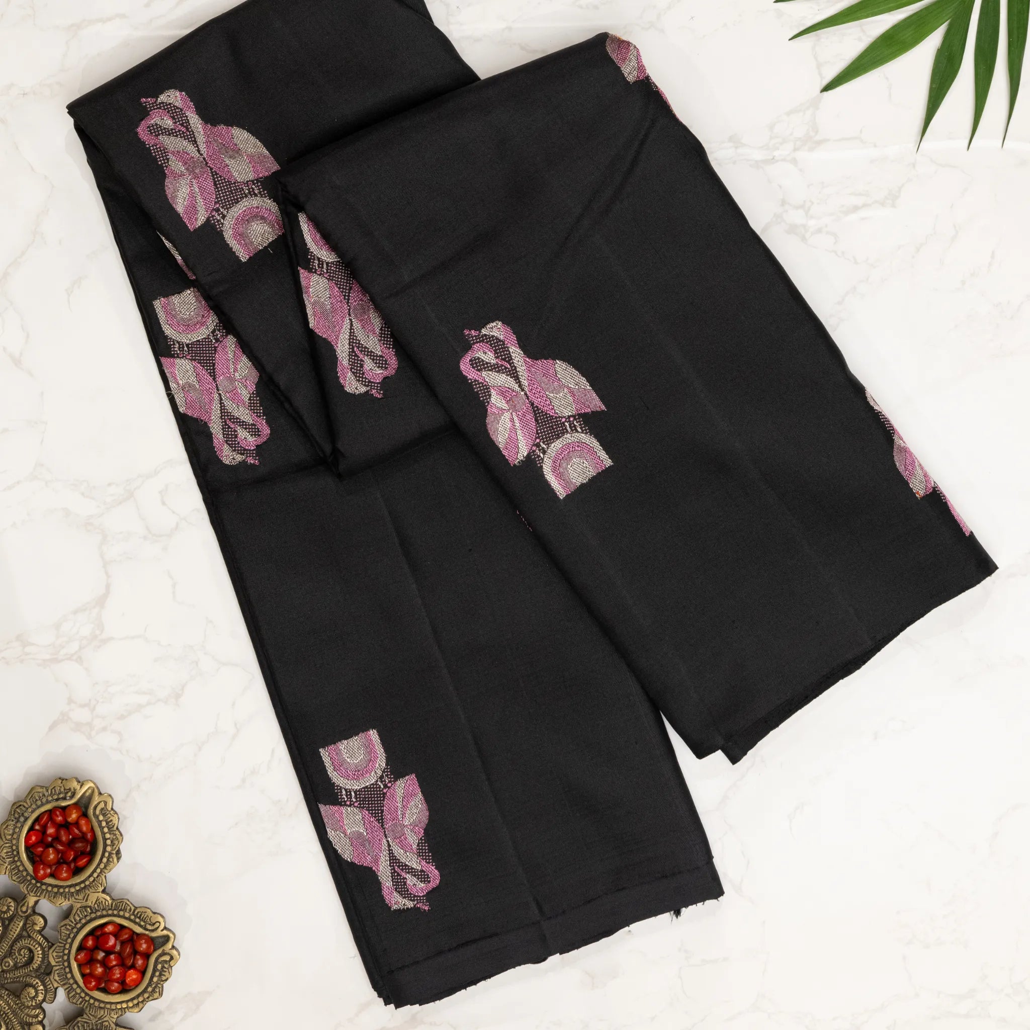 Black Cotton Silk Saree – Pink Floral Jacquard Buttas with Elegant Self Weave