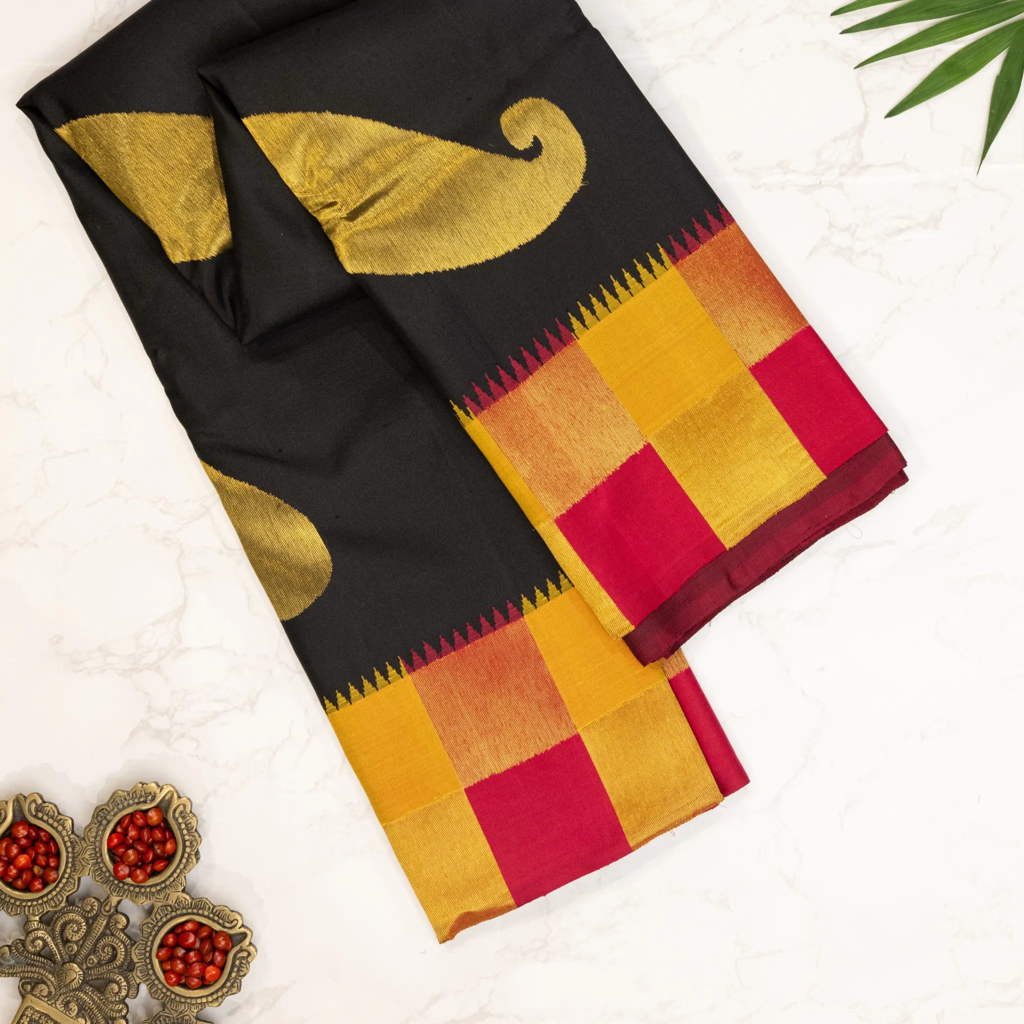 Black Cotton Silk Saree – Gold Paisley Motifs with Mustard Pink Checked Border