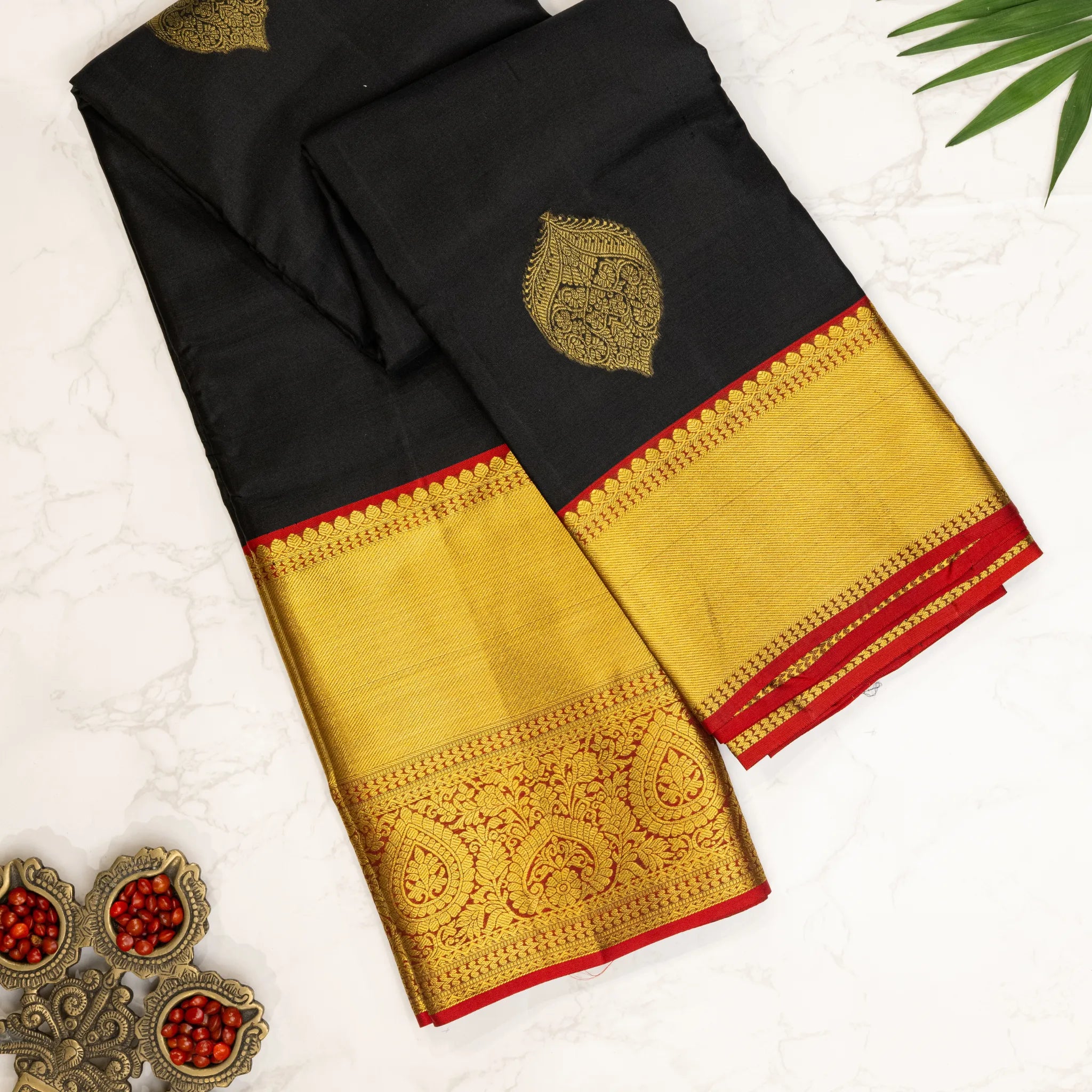 Black Kanchipuram Silk Saree – Gold Zari Leaf Buttas with Broad Temple Border