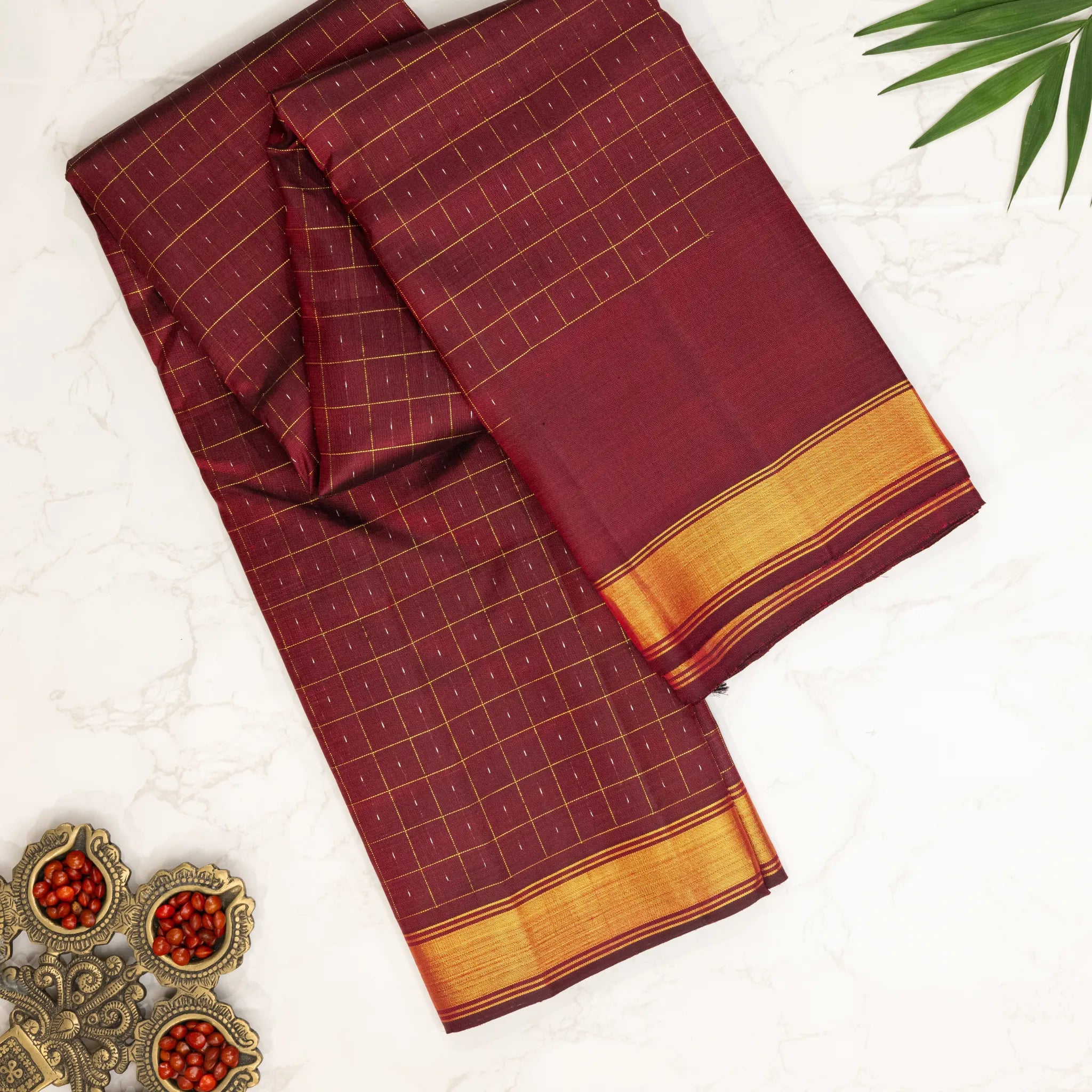 Maroon Cotton Silk Saree – Gold Windowpane Checks with Classic Zari Border