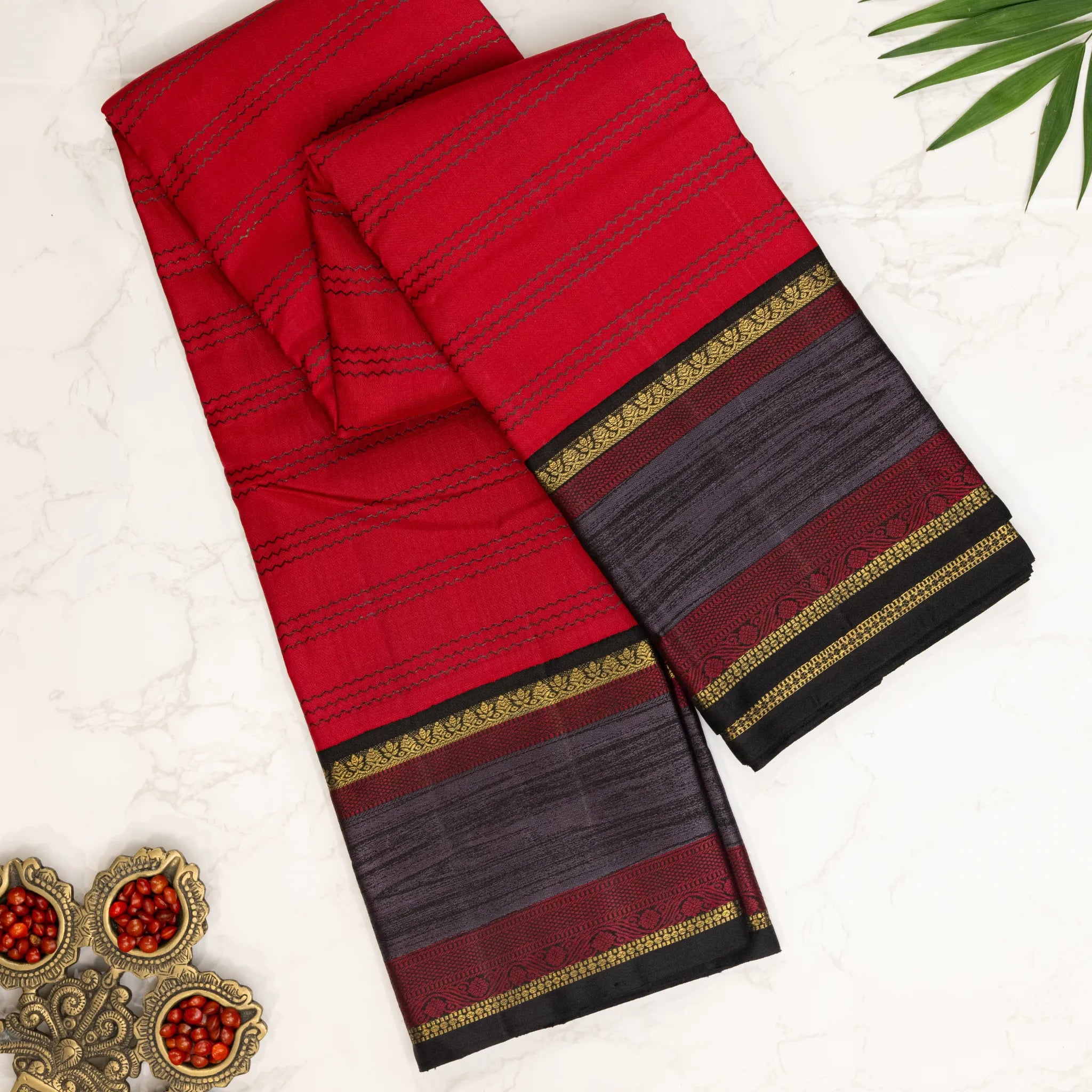 Traditional Cotton Silk Saree – Crimson Red with Black Zari Border & Striped Weave