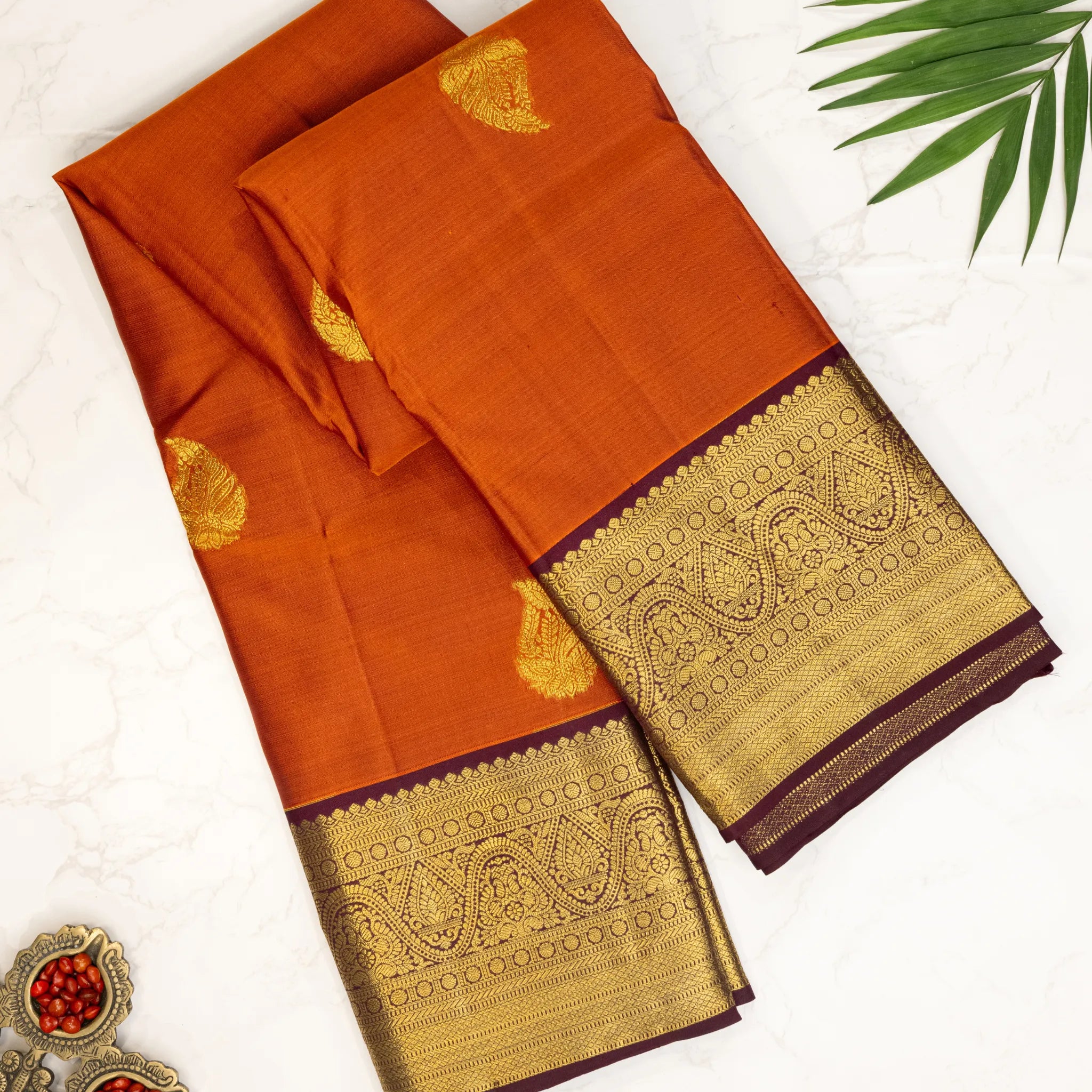 Rust Orange Kanchipuram Silk Saree – Gold Paisley Buttas with Rich Antique Zari Border