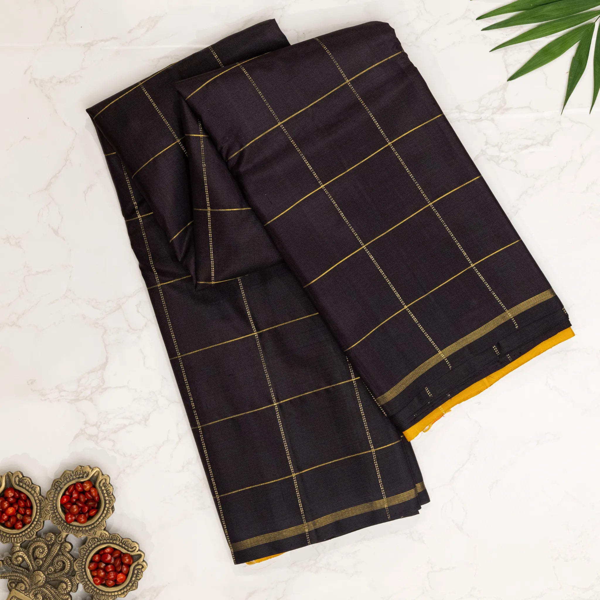 Black Cotton Silk Saree – Gold Windowpane Checks with Elegant Contrast Border