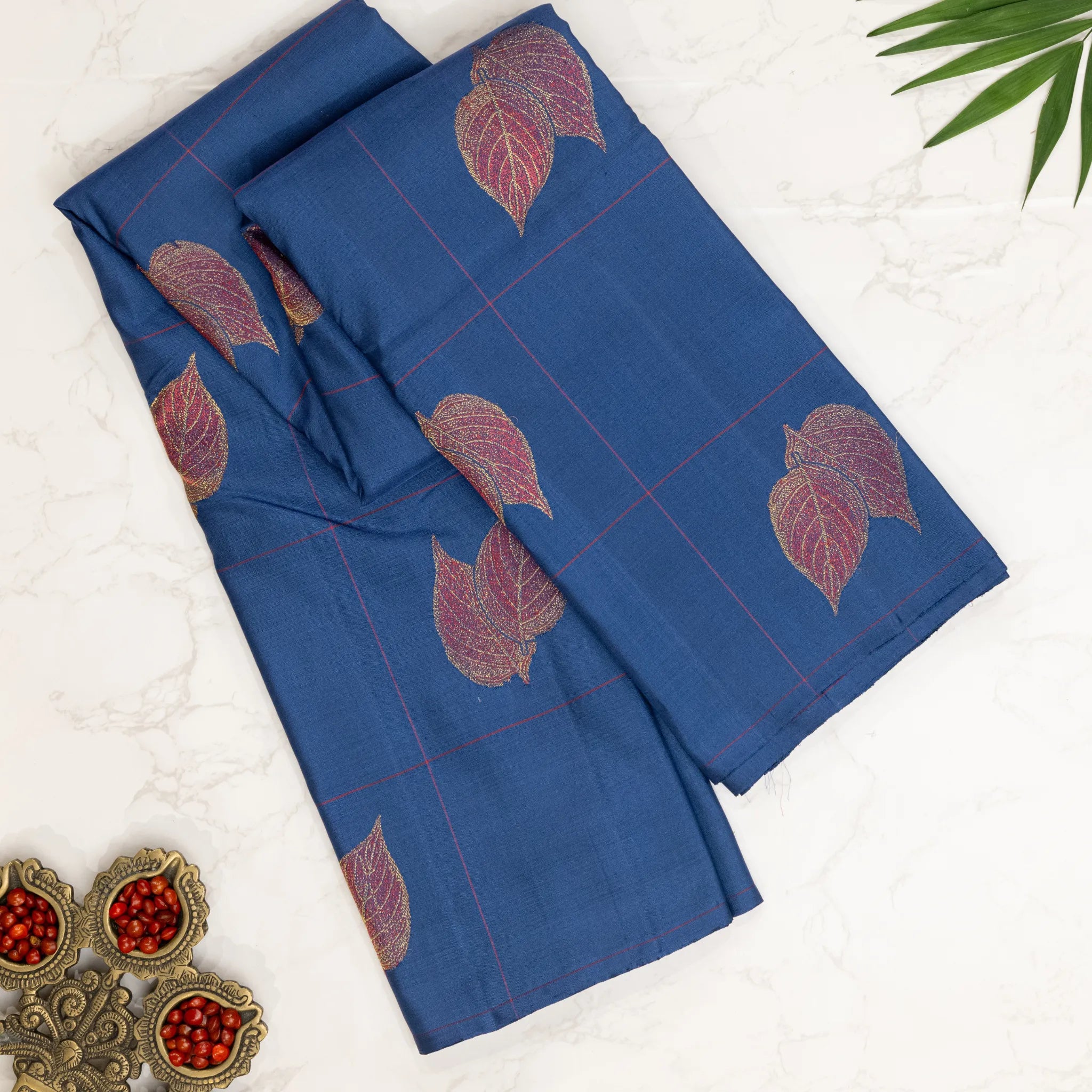 Blue Cotton Silk Saree – Copper Leaf Motifs with Windowpane Checks