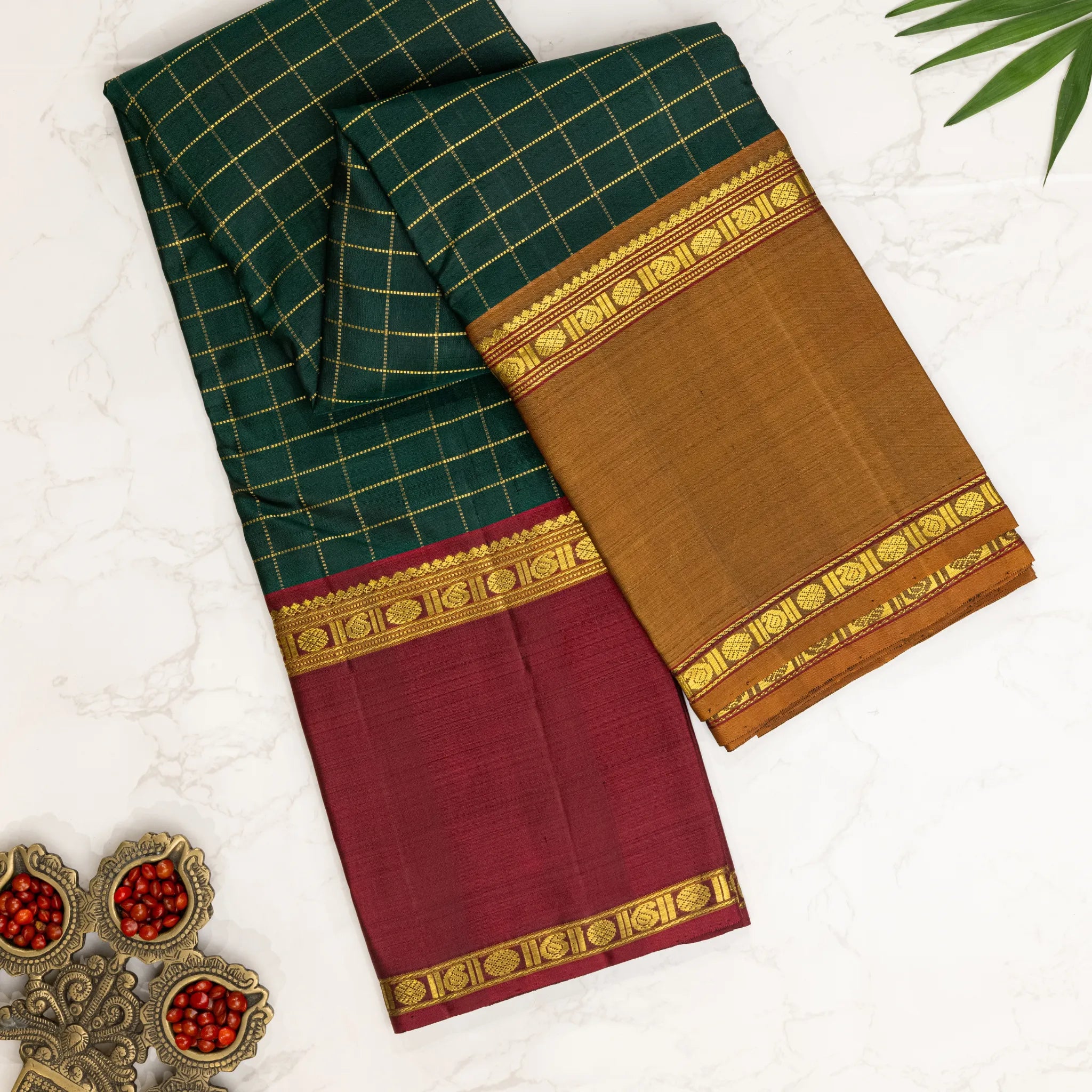 Green Kanchipuram Silk Saree – Gold Windowpane Checks with Contrast Mustard & Magenta Border