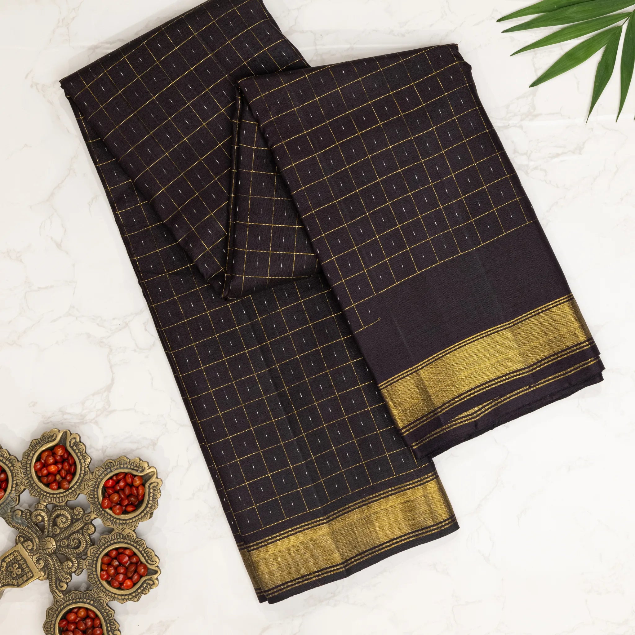 Black Cotton Silk Saree – Gold Windowpane Checks with Classic Zari Border