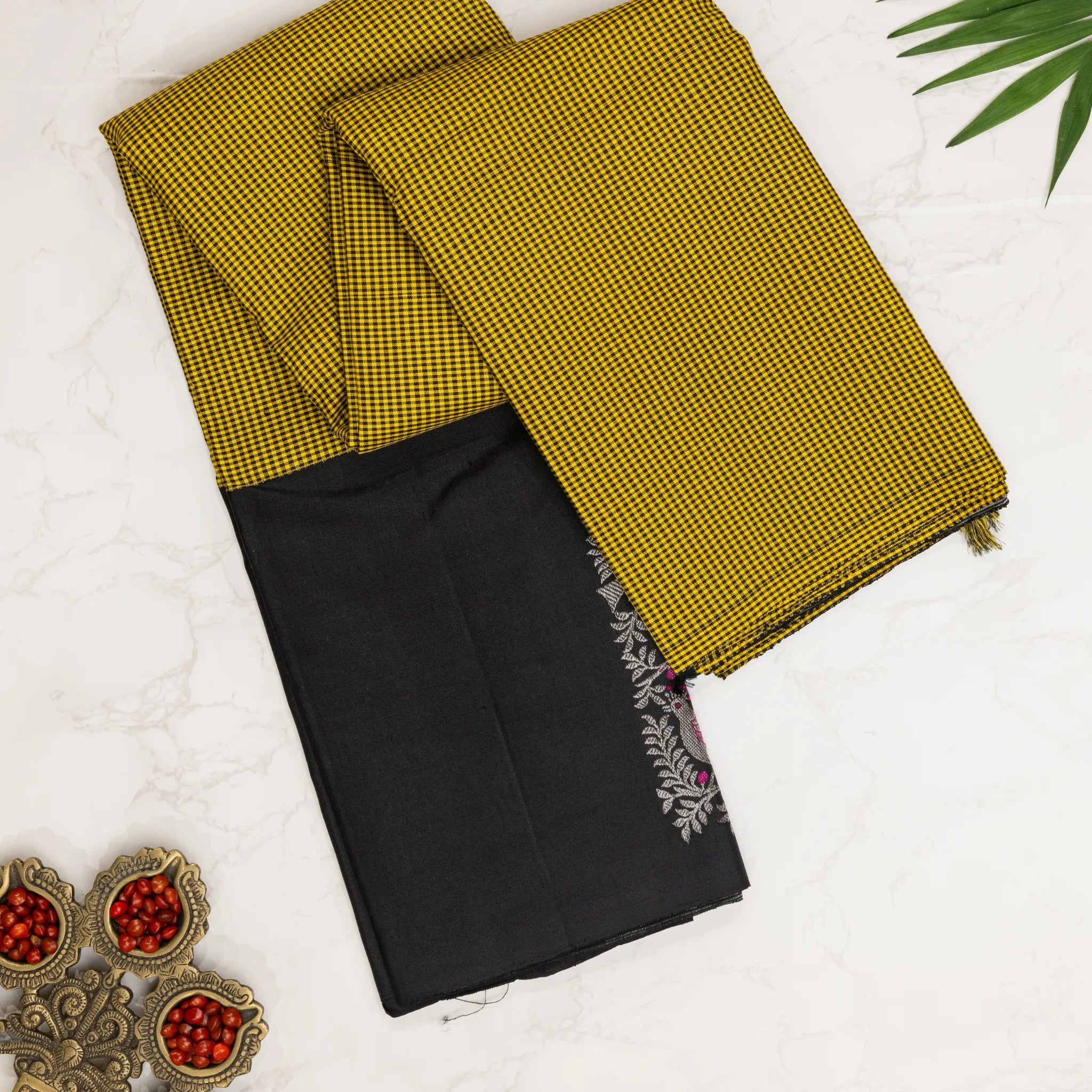 Yellow & Black Kanchipuram Silk Saree – Micro Checks with Contrast Black Border
