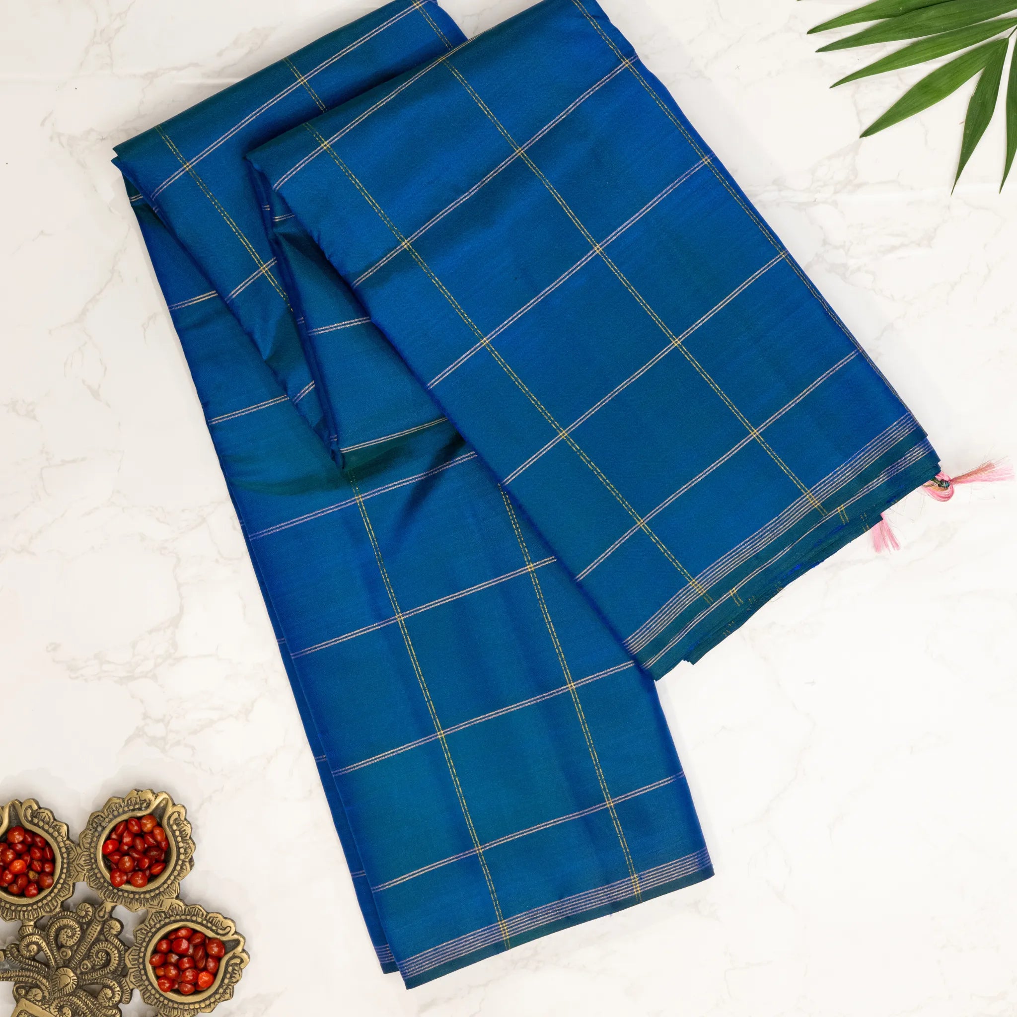 Peacock Blue Cotton Silk Saree – Gold Windowpane Checks with Elegant Woven Border