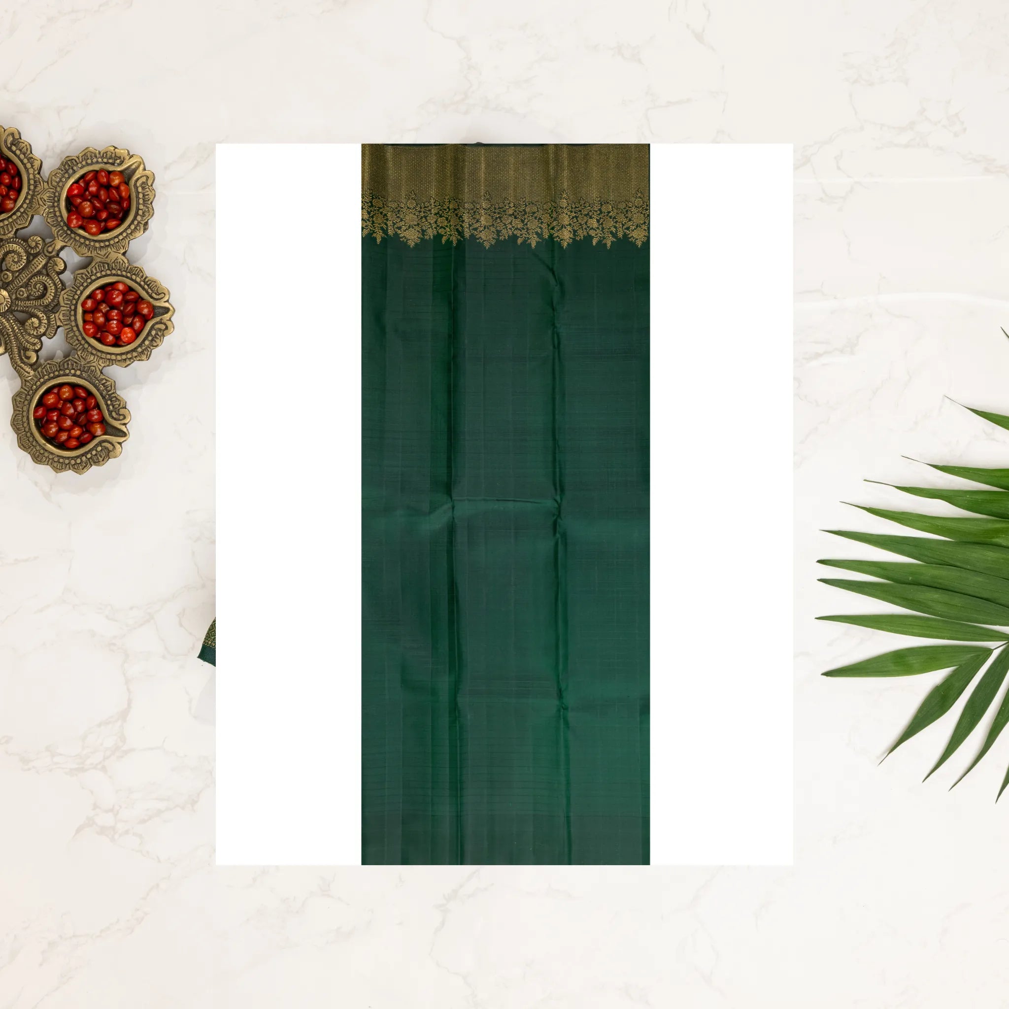 Emerald Green Cotton Silk Saree – Gold Windowpane Checks with Floral Zari Border